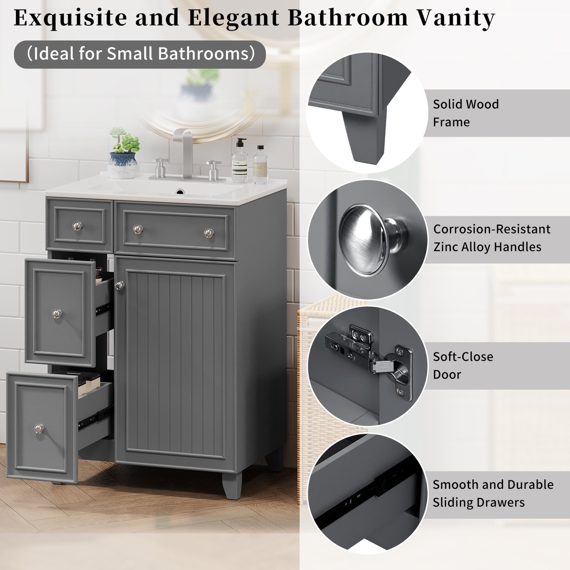 Transitional Bathroom Vanity Cabinet With Sink, 2 Drawers, 1 Soft Close Door - Gray - Image 6