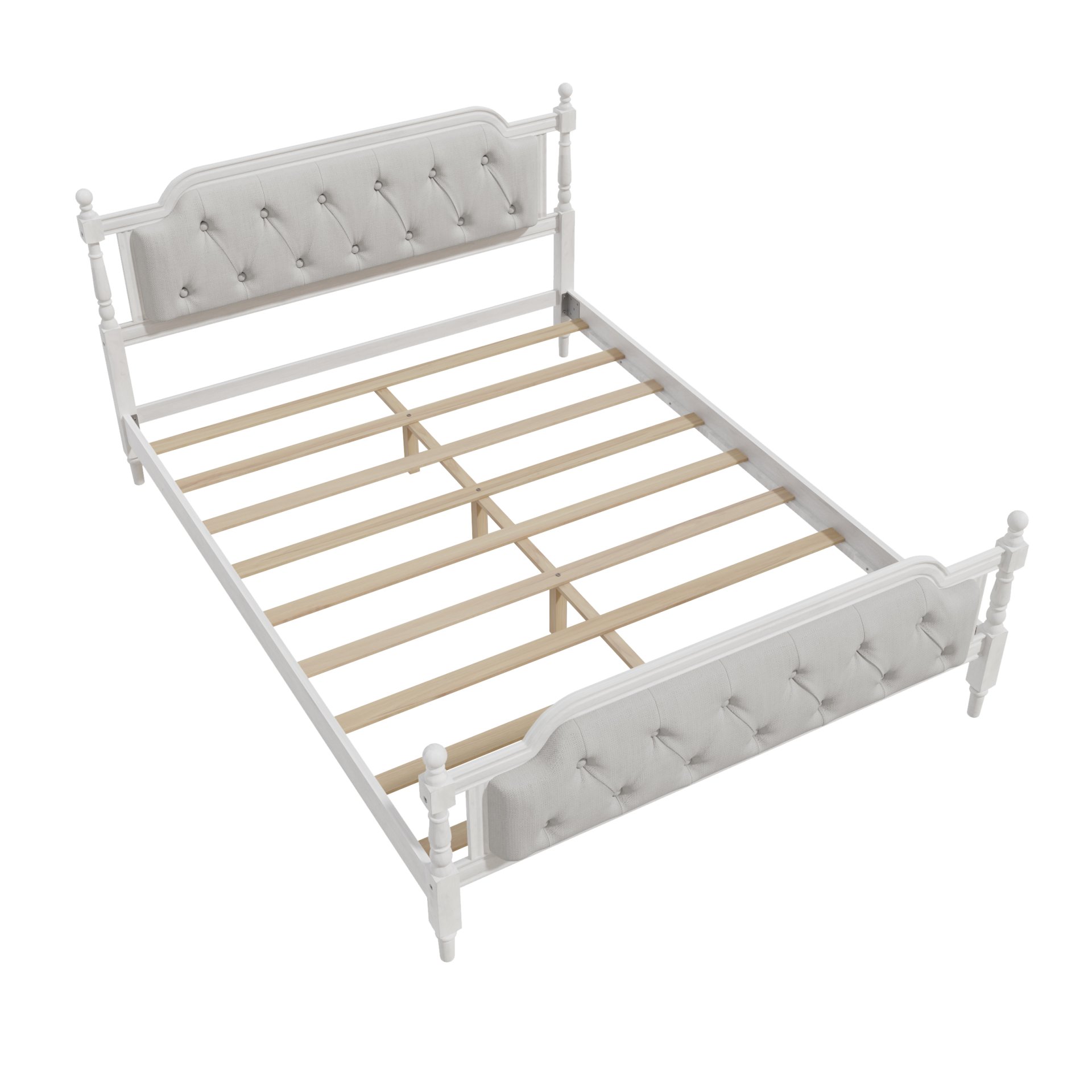 Traditional Style Solid Bed Frame With Upholstered Tufted Headboard, No Box Spring Needed, Queen Size - Antique White - Image 7