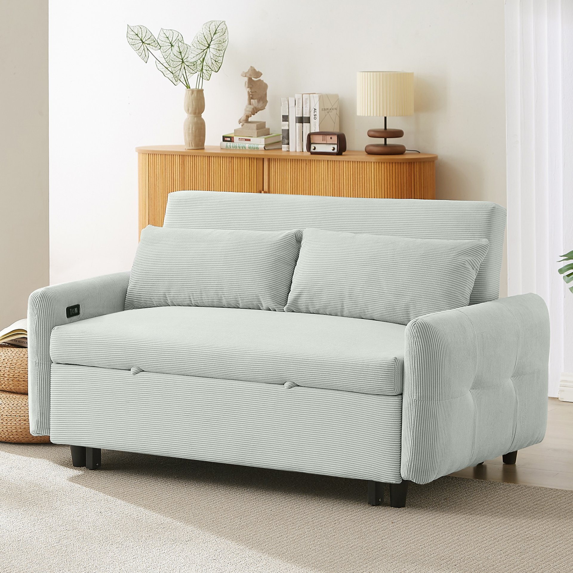 Pull Out Sofa Bed Convertible Couch 2 Seat Loveseat Sofa Modern Sleeper Sofa With 2 Throw Pillows And USB Ports For Living Room - Light Gray Green - Image 11