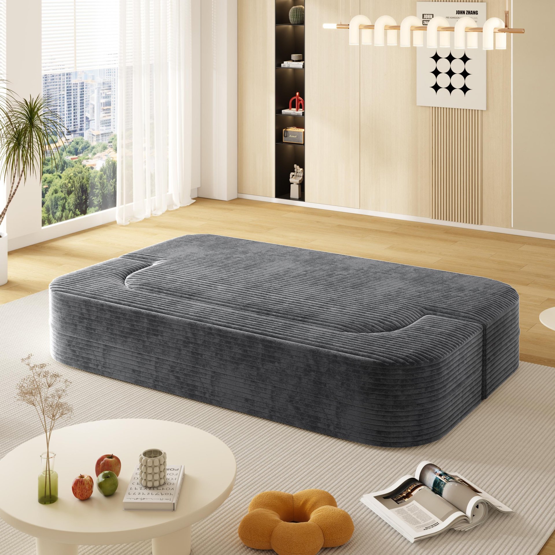 2 In 1 Foldable Sofa Plush Corduroy Sofa Convertible Floor Sofa Bed Deep Seating With Multi Functional Blanket Suitable For Living Rooms - Dark Gray - Image 10