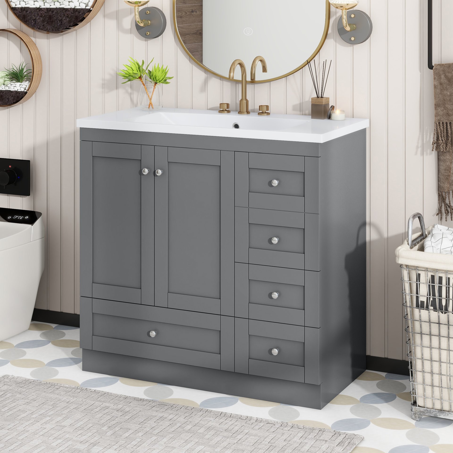 Shaker Style Free Standing Bathroom Vanity Cabinet With Sink, 4 Soft Close Drawers And 2 Soft Close Doors - Gray - Image 5