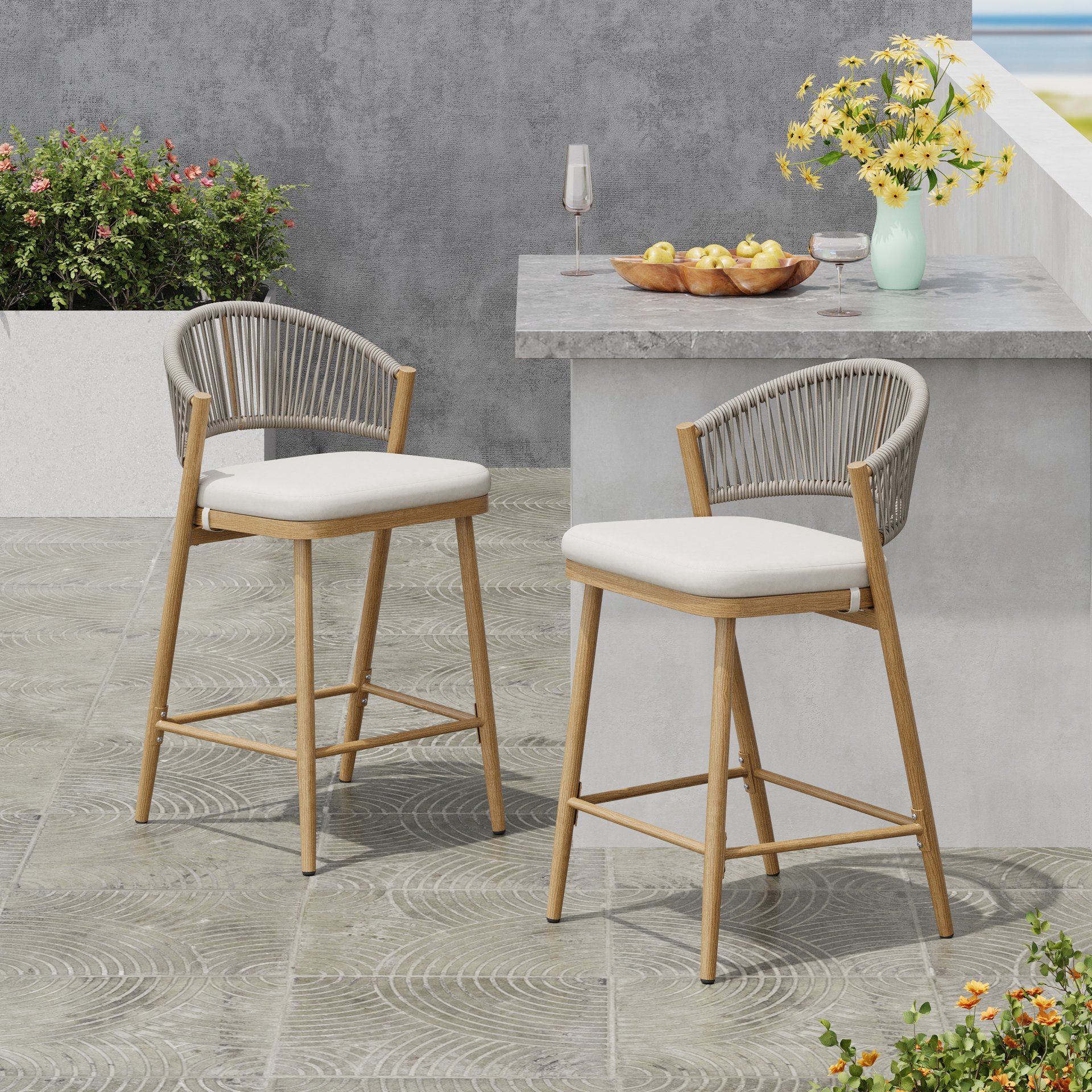 Outdoor Counter Height Aluminum Frame Counter Stools With Scallop Shaped Backrest & Water Resistant Cushions (Set of 2) - Maple - Image 4