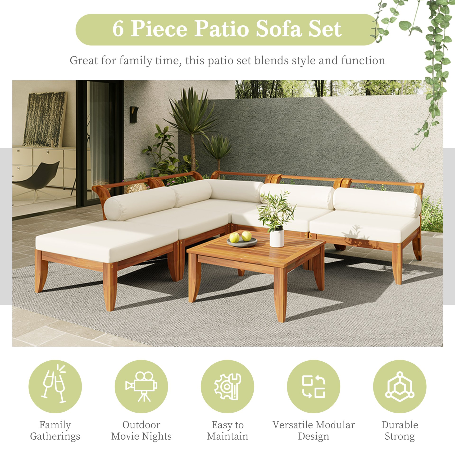 6 Piece Patio Sofa Set, Acacia Wood Outdoor Modular Sectional Garden Furniture Set L Shaped Conversation Set, Convertible Daybed With Tea Table, Ottoman, 5 Cushions And Pillows - Teak / Beige - Image 5