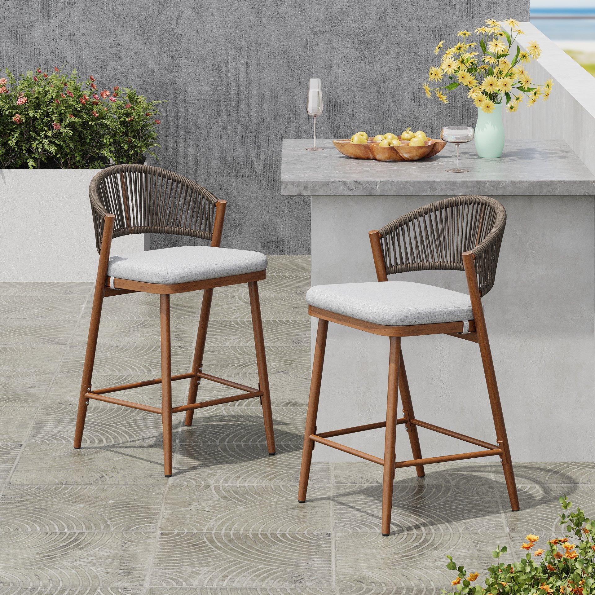 Outdoor Counter Height Aluminum Frame Counter Stools With Scallop Shaped Backrest & Water Resistant Cushions (Set of 2) - Teak - Image 4