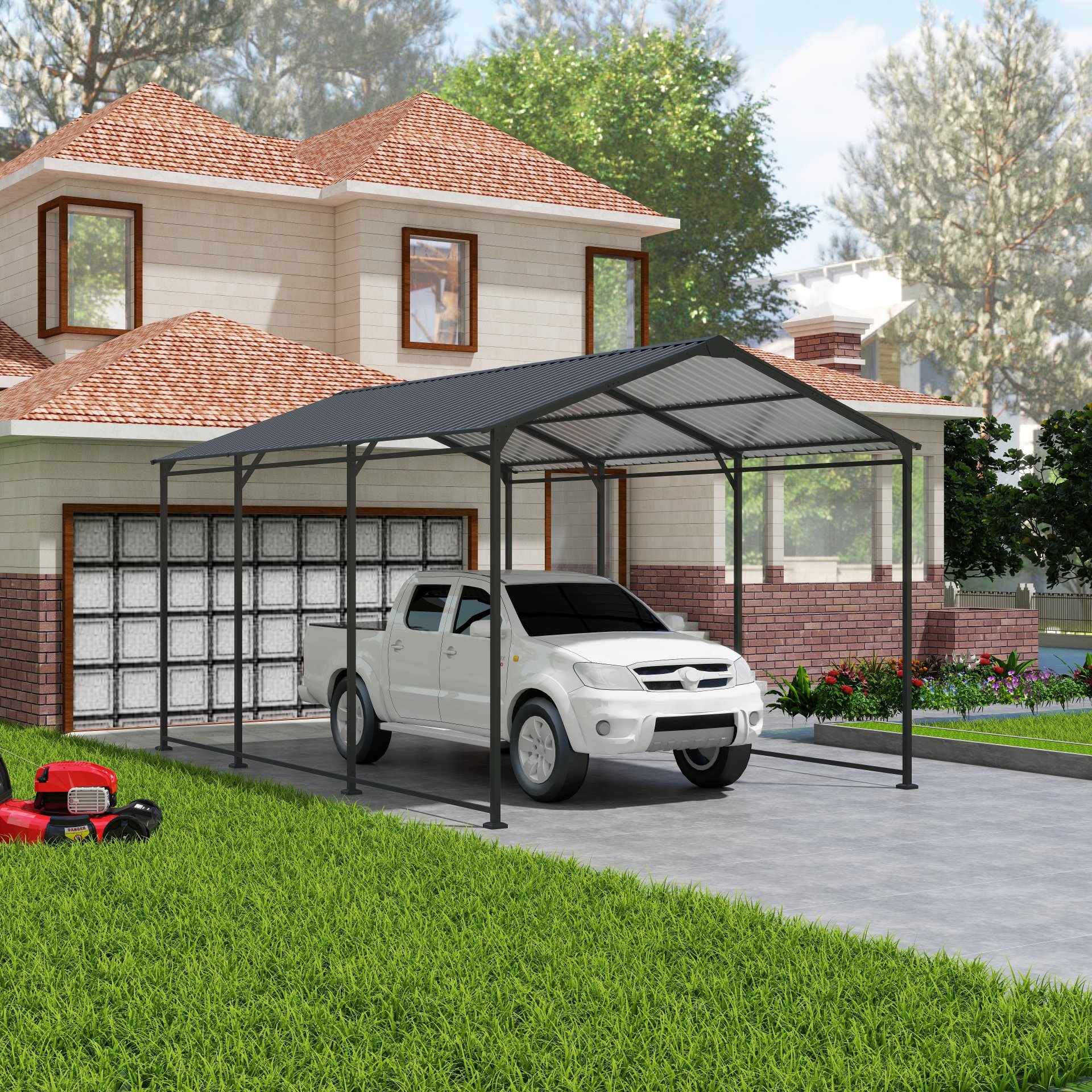 Metal Carport 10 5Ft Heavy Duty With Galvanized Steel Roof Metal Garage Canopy With Galvanized Steel Roof & Frame Car Tent Outdoor Storage Shed - Gray - Image 2