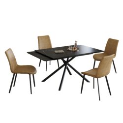 Retractable Dining Table Set With Carbon Steel Legs, Table And 4 Chairs - Black
