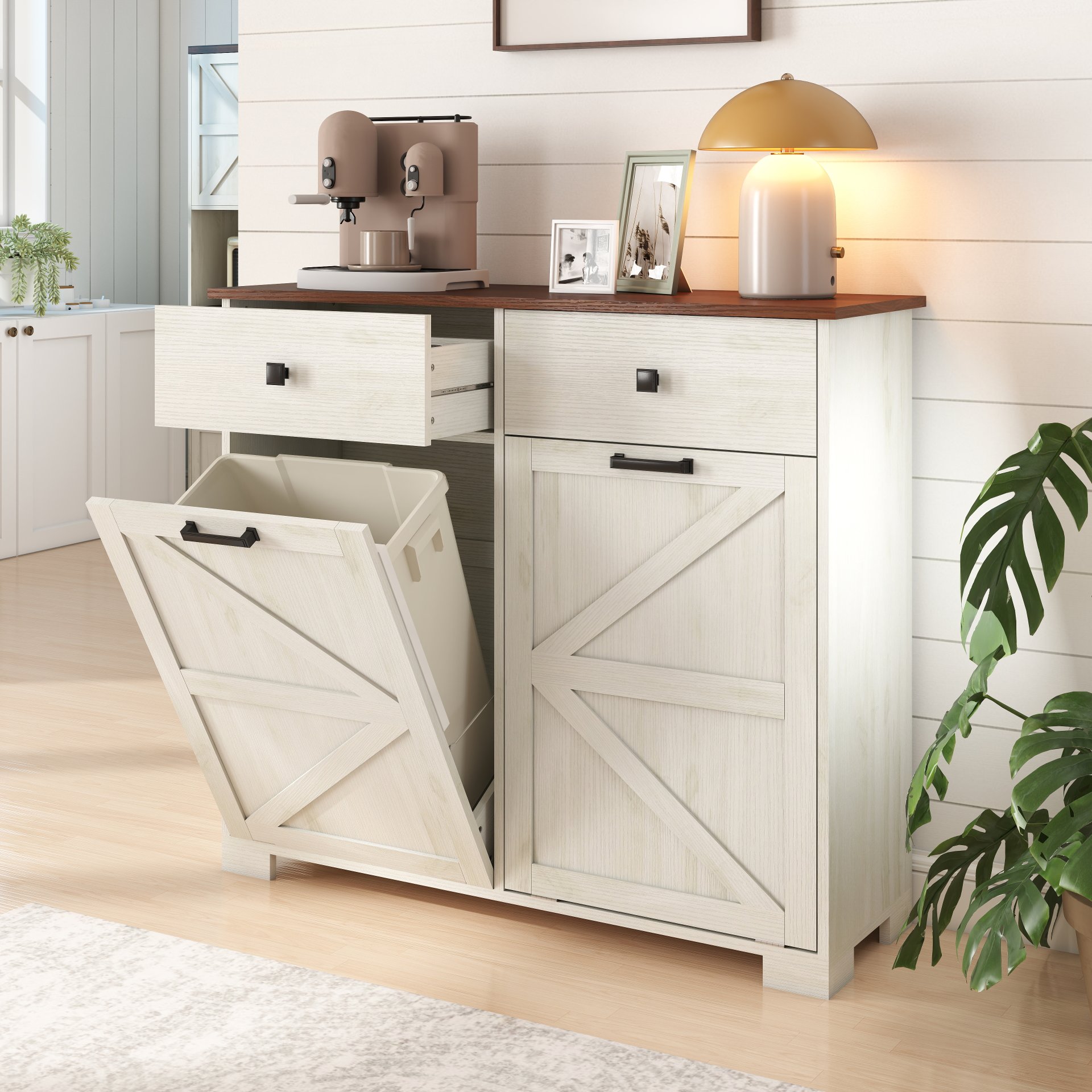 Barn Door Double Tilt Out Trash Cabinet For 20 Gallon Cans With Free Standing Recycling And Laundry Storage - Brown / Antique White - Image 2