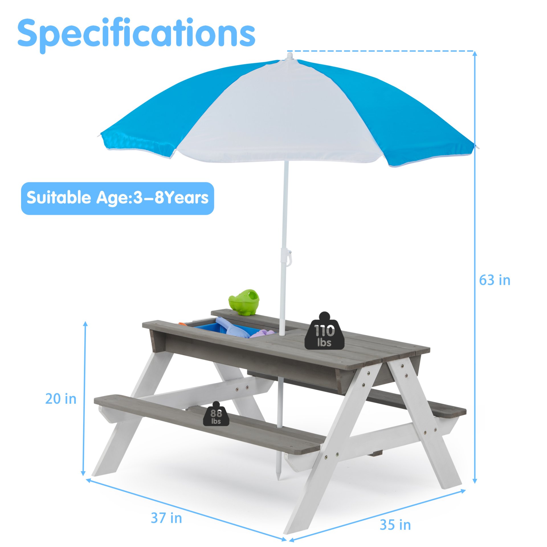 3-In-1 Kids Outdoor Wooden Picnic Table With Umbrella, Convertible Sand & Water, ASTM & CPSIA Certification - Gray - Image 3