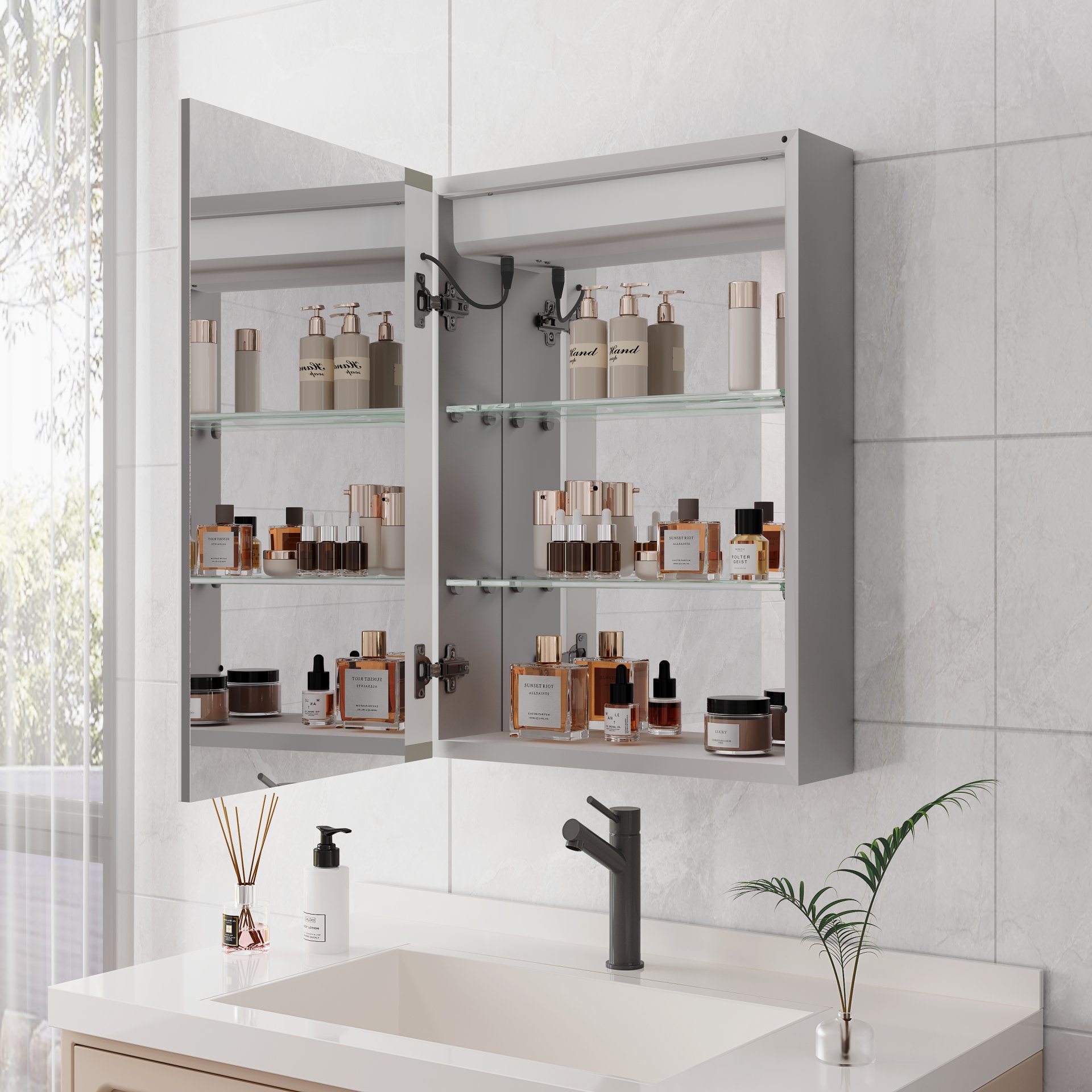 Bathroom Medicine Cabinet With Lights, LED Medicine Cabinet With Mirror, Lighted Medicine Cabinet With Defogger, Dimmer, Digital Clock & Temp Display, Surface Mount - Silver - Image 7