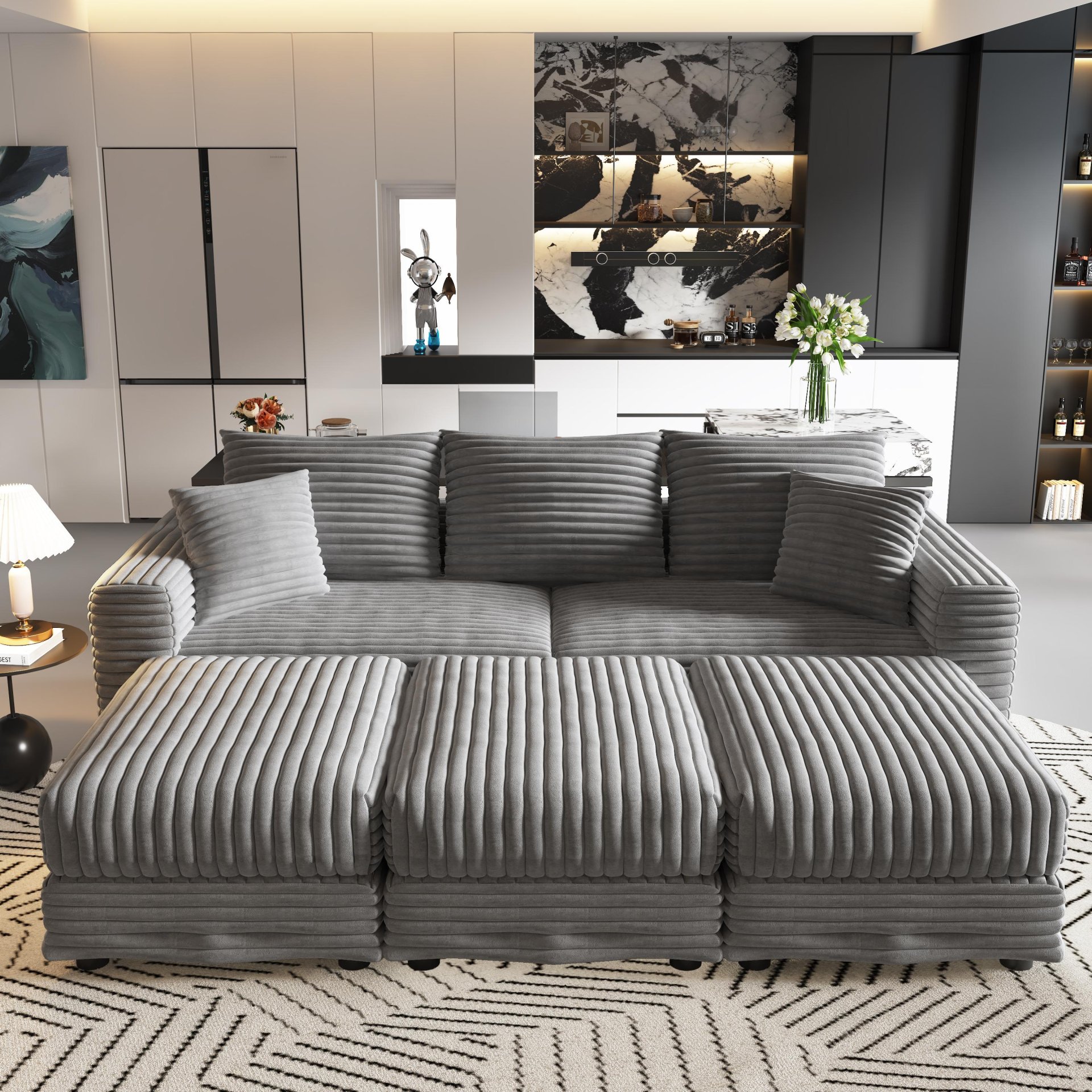 3 Seat Sofa, Deep Seat Couches With Soft Pillows And 3 Ottomans, Convertible Sofa Lounge Chair, For Living Room - Gray - Image 10