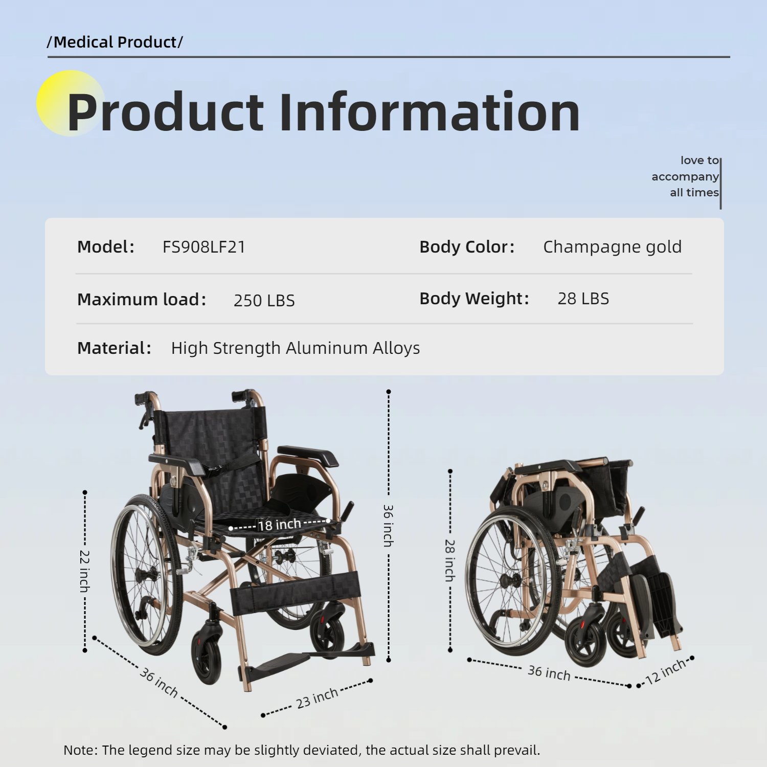 Lightweight Foldable Transport Wheelchair Square Tube Design Double Brakes Adjustable Handrail Breathable Seat Anti Backflip 250Lbs Capacity Easy Storage Color - Gold / Black - Image 11