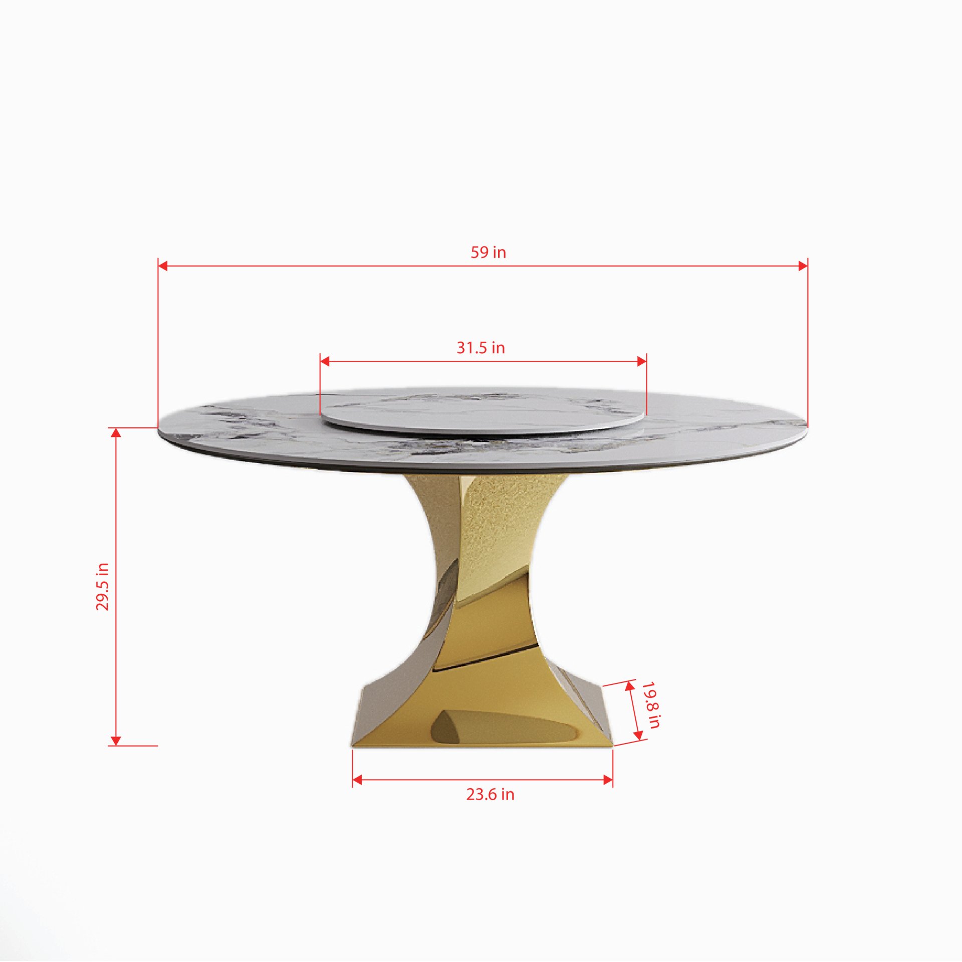 Luxury Round 59" Sintered Stone Dining Table With Stainless Steel Hourglass Base, Scratch & Heat Resistant Surface - Golden / White - Image 3