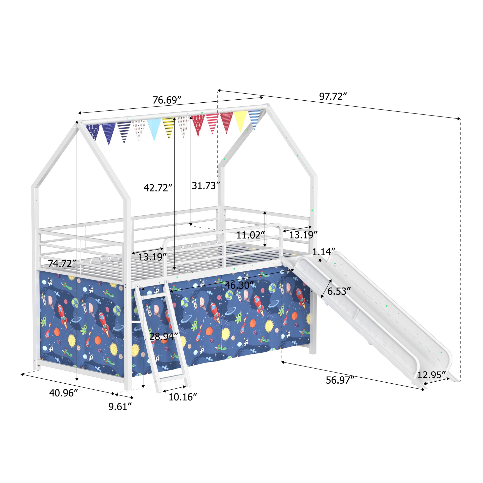 Jack - House Twin Loft Bed With Slide And Curtain Set - White / Blue - Image 3