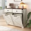 Barn Door Double Tilt Out Trash Cabinet For 20 Gallon Cans With Free Standing Recycling And Laundry Storage - Brown / Antique White - Image 6