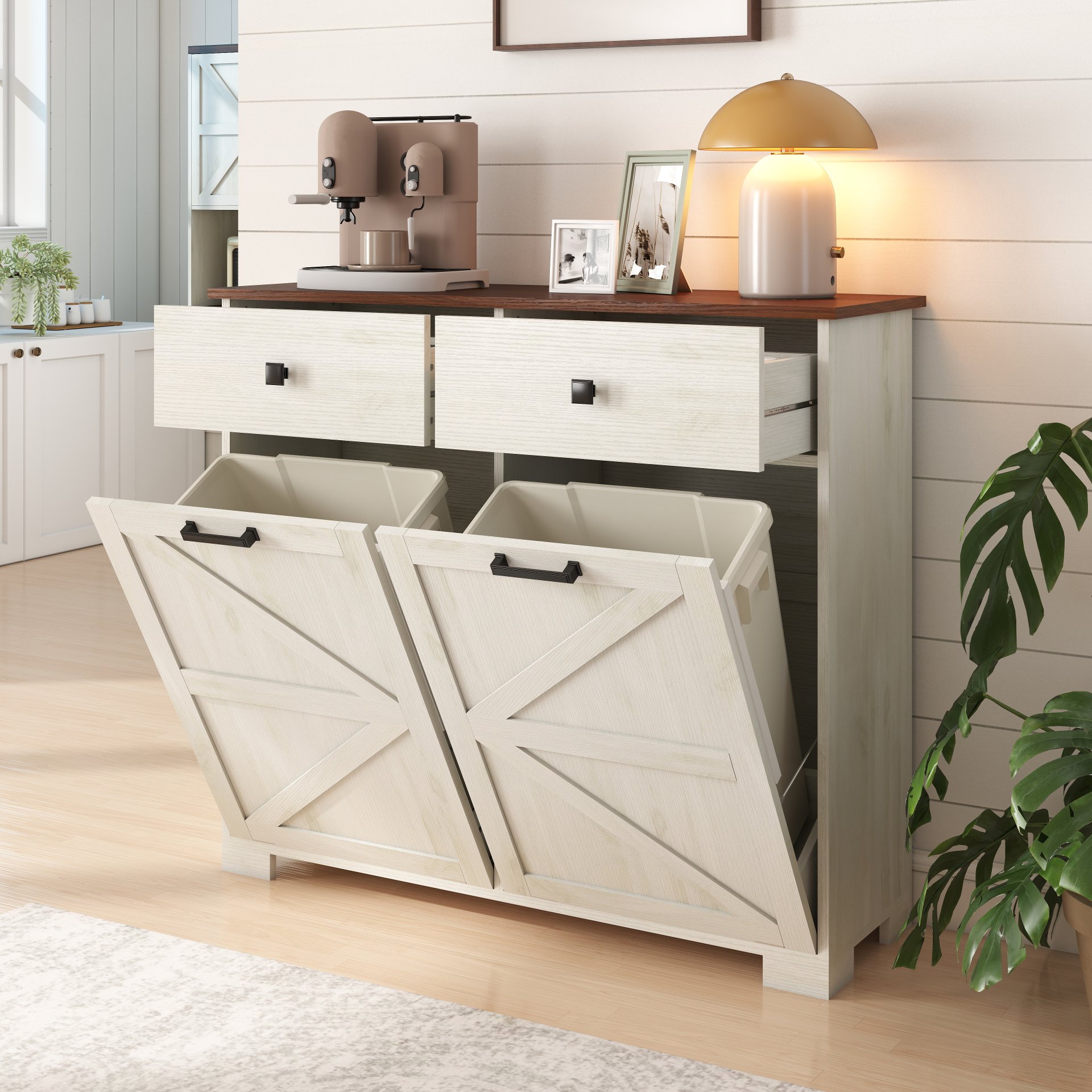 Barn Door Double Tilt Out Trash Cabinet For 20 Gallon Cans With Free Standing Recycling And Laundry Storage - Brown / Antique White - Image 6