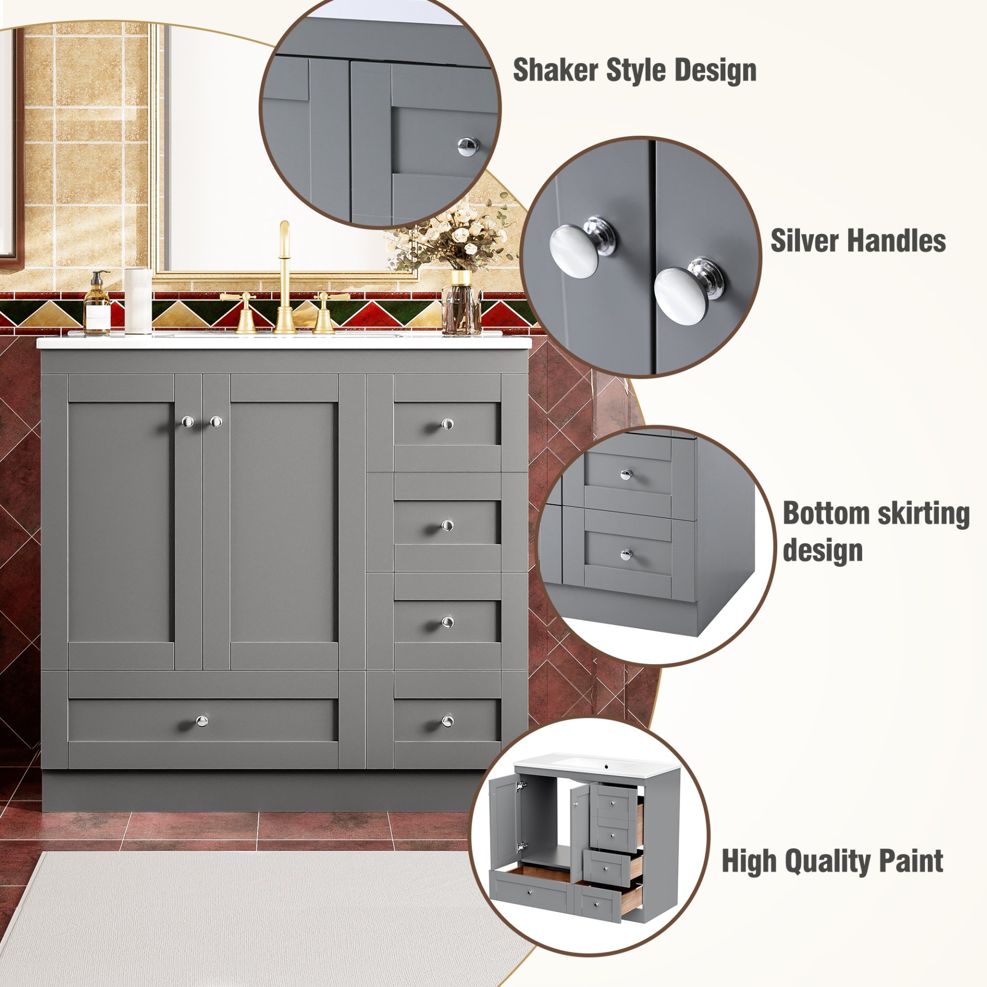 36" Shaker Free Standing Bathroom Vanity Cabinet With Sink, Soft Close Drawers, Soft Close Doors - Gray - Image 8