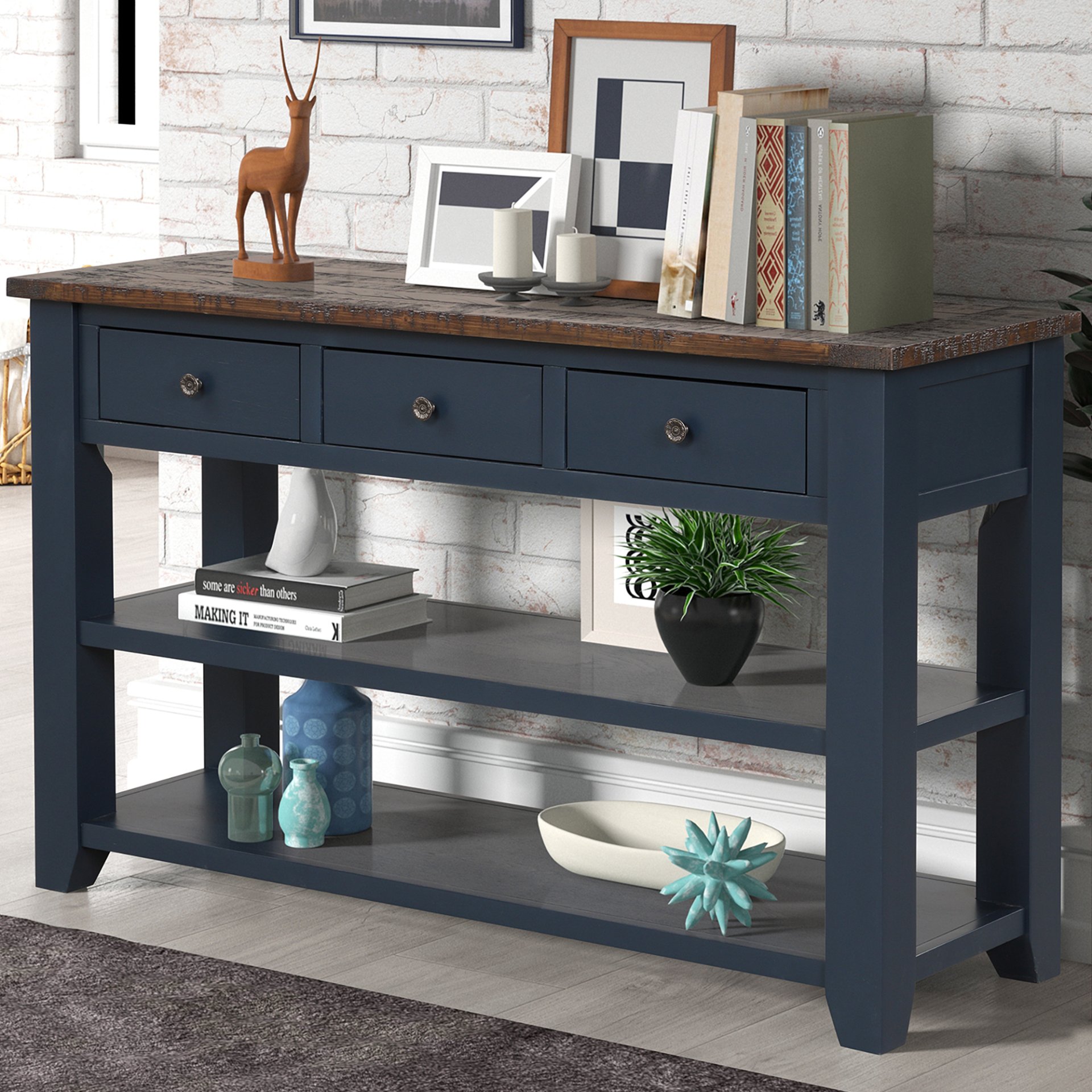 49'' Rectangular Solid 3 Drawer 2 Shelf Console Table - Blue - Image 5