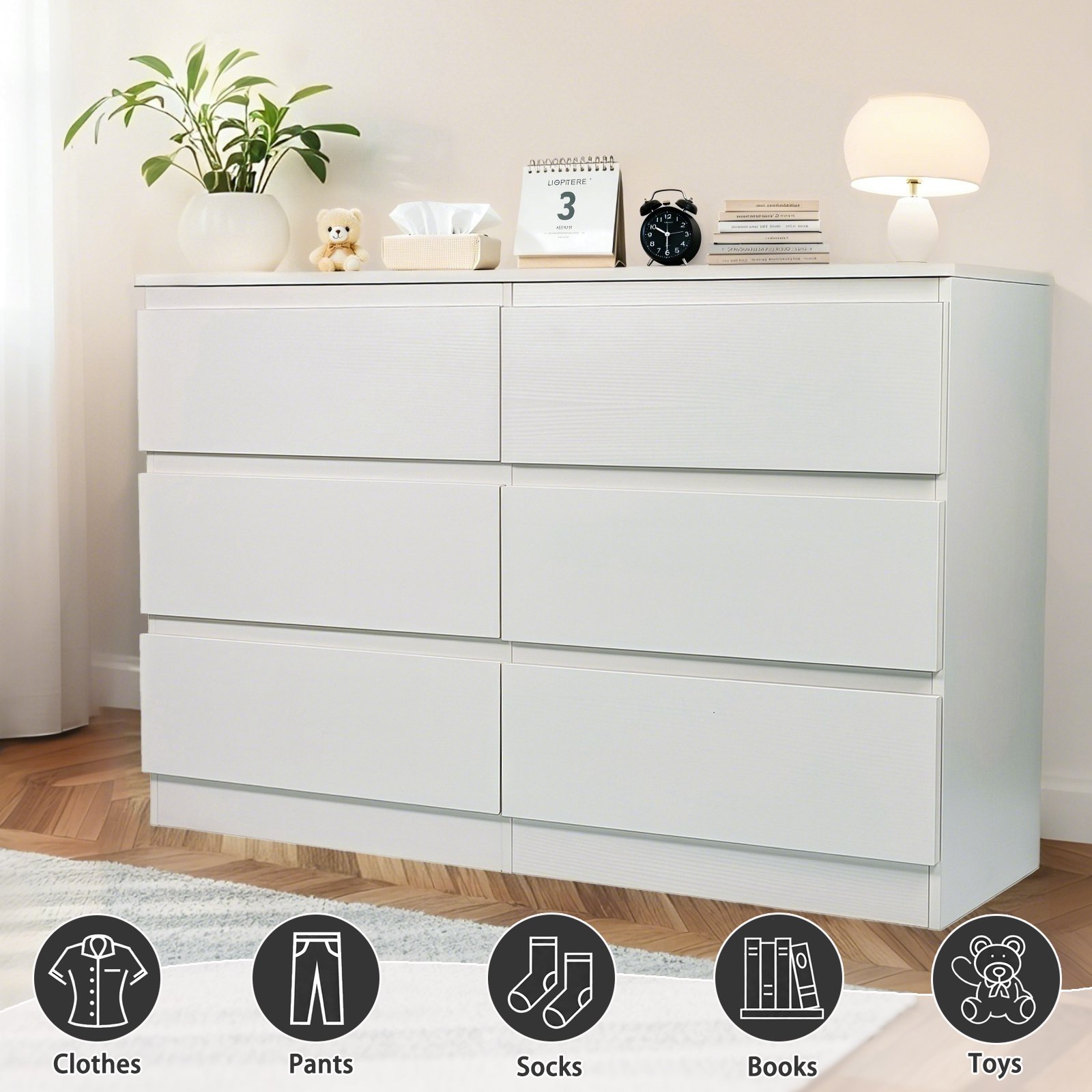 Modern 6 Drawer Dresser With Spacious Countertop And Concealed Handles, Storage Cabinet For Bedroom And Living Room - White - Image 4