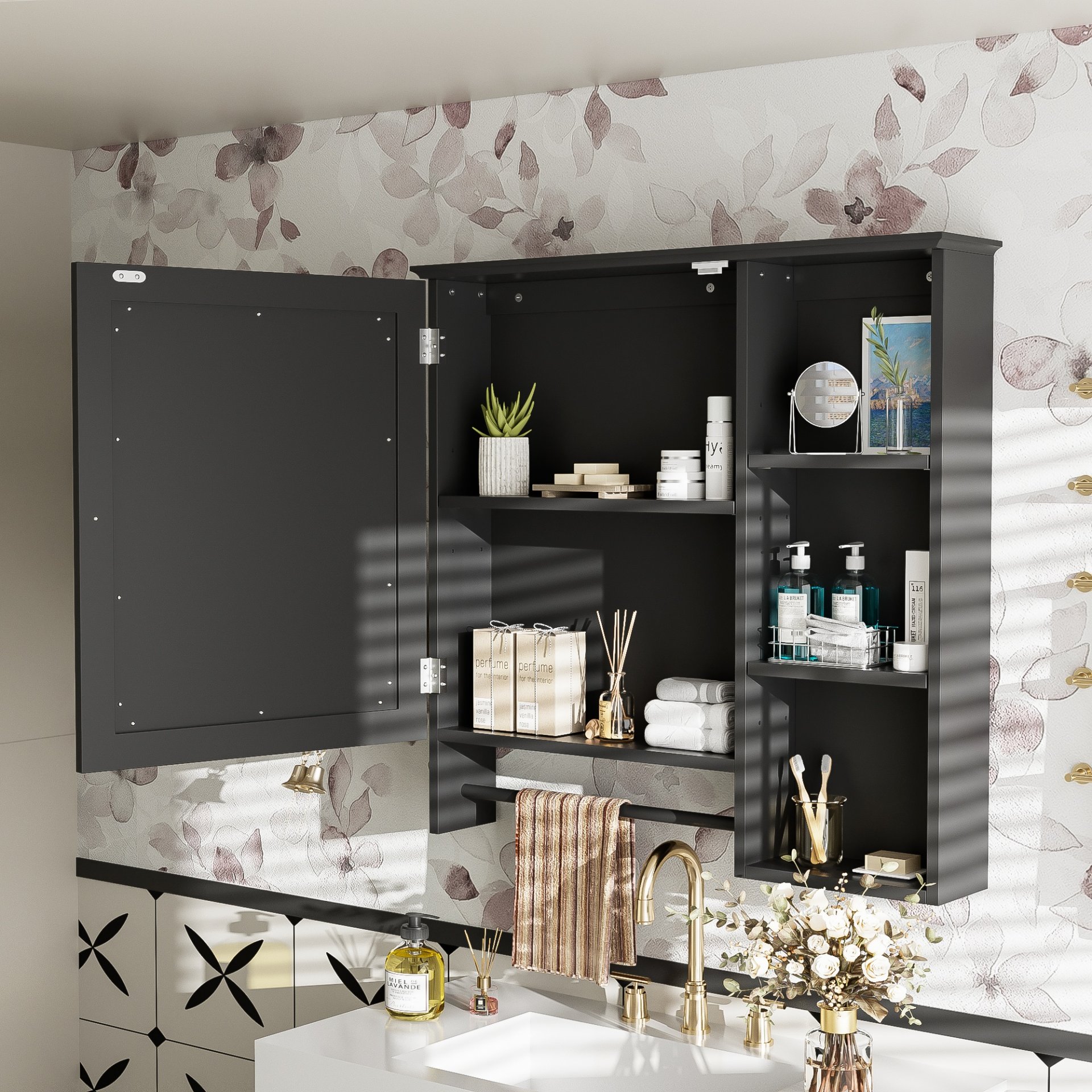 Wall Mounted Bathroom Storage Cabinet, Medicine Cabinets With Large Mirror Door, Adjustable Shelves And Three Open Storage Levels(Not Include Bathroom Vanity) - Black - Image 20