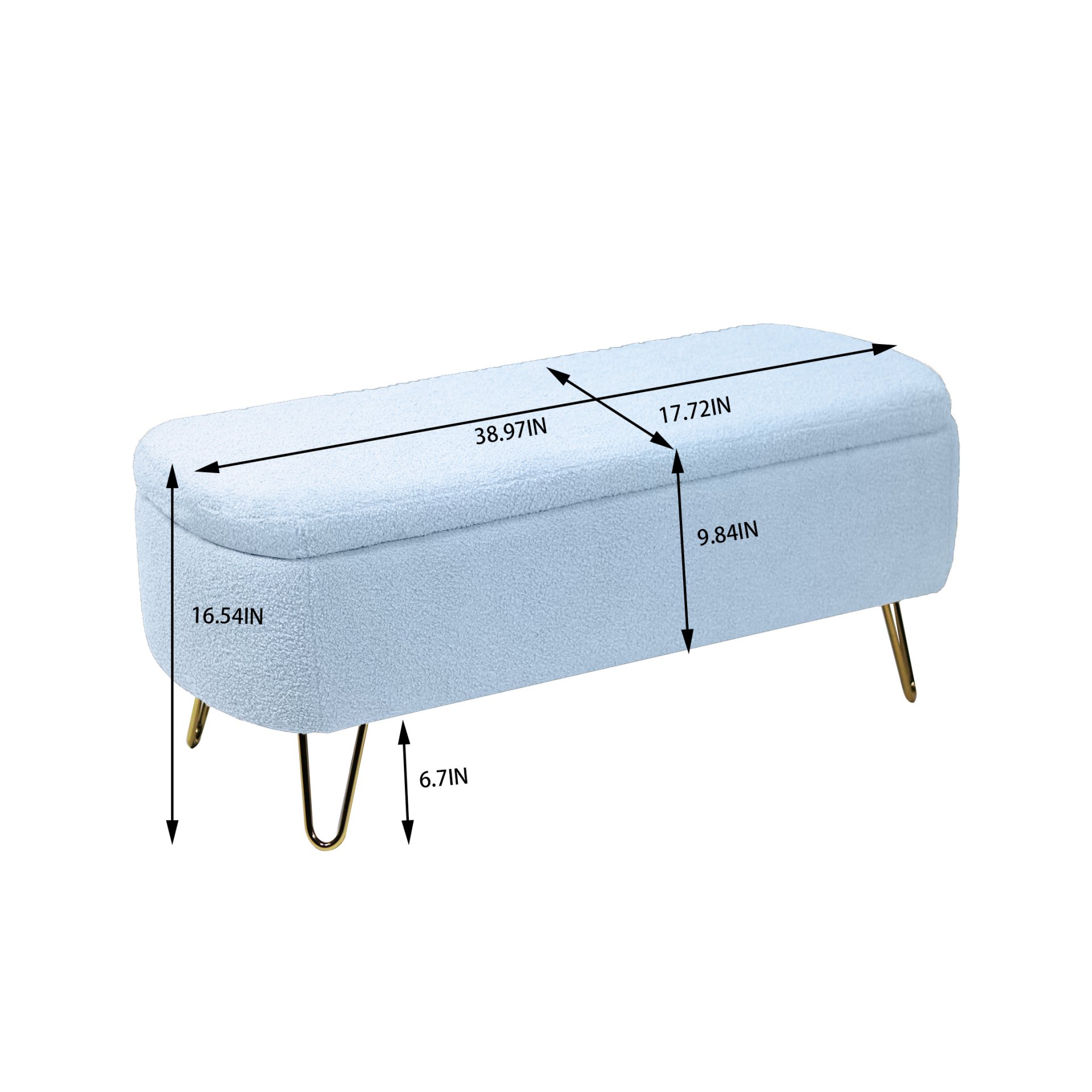 Storage Ottoman Bench For End Of Bed Gold Legs, Modern Gray Faux Fur Entryway Bench Upholstered Padded With Storage For Living Room Bedroom - Blue - Image 3
