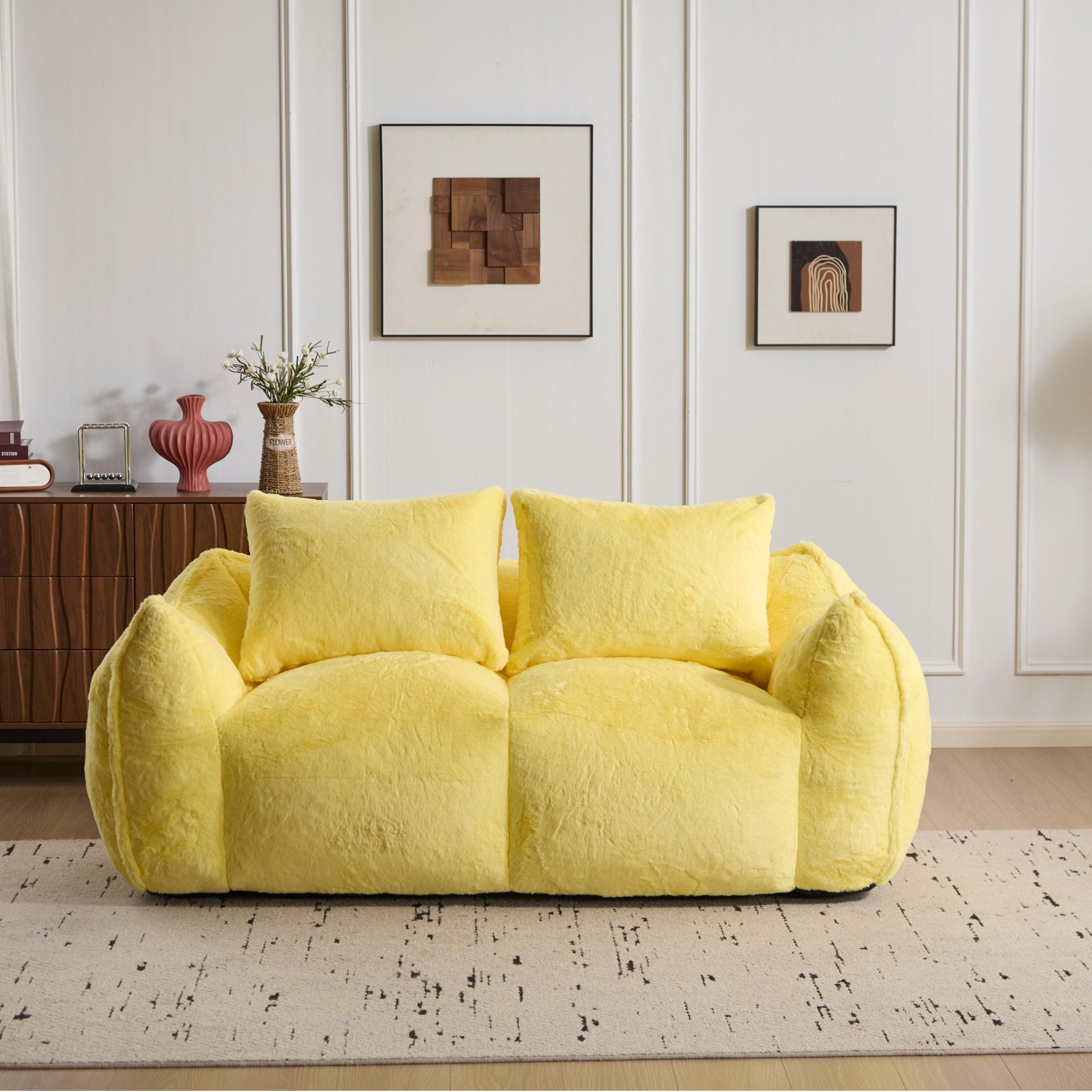 Giant Bean Bag Couch, Ultra Soft Fluffy Loveseat For Living Room Reading Chair With Pillows - Yellow - Image 9