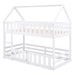 Twin Over Twin House Bunk Bed With Fence And Door - White