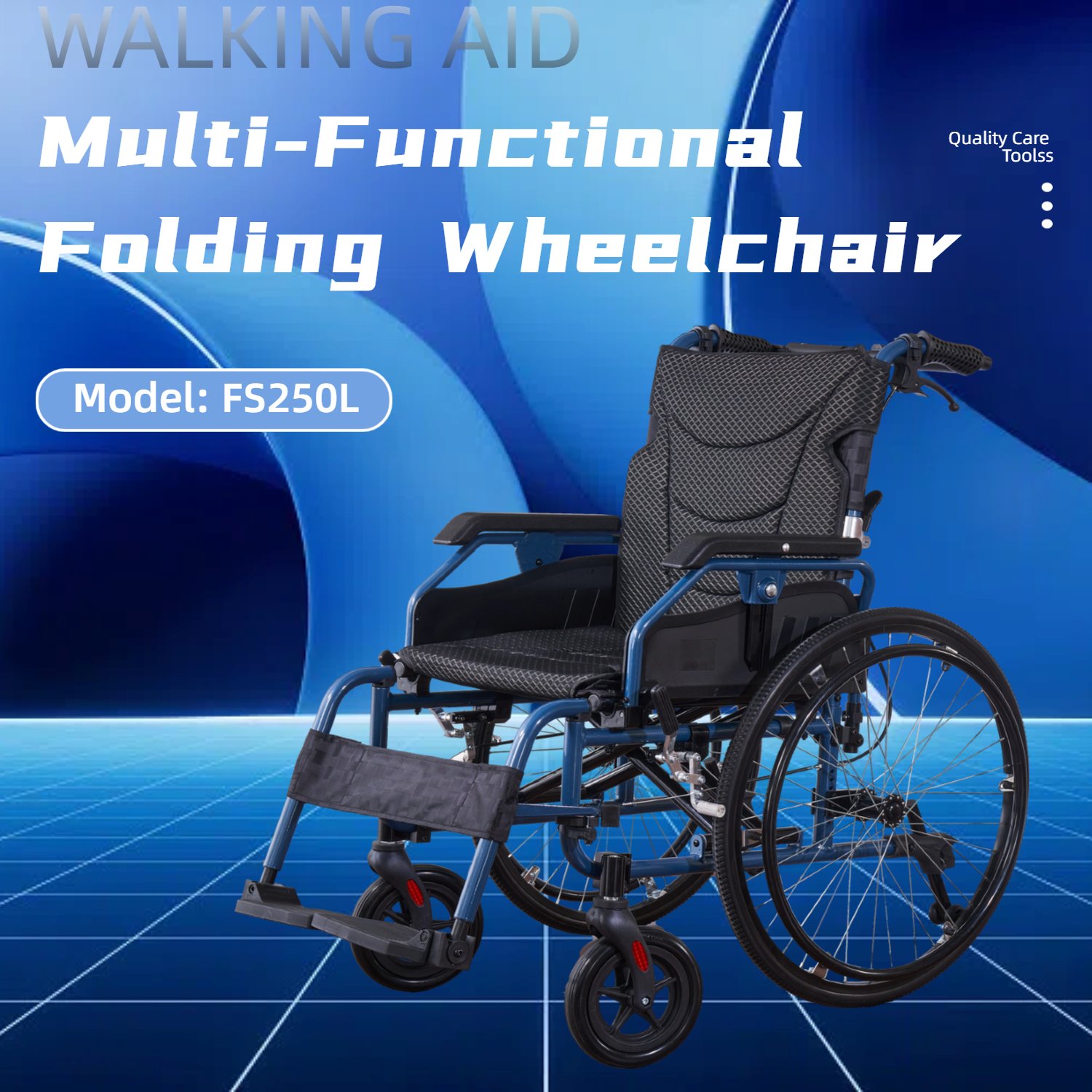 Premium Foldable Transport Wheelchair Frame Double Brakes Adjustable Armrests & Seat Belt Breathable Cushion Anti Backflip 300Lbs Capacity - Black / Blue - Image 4