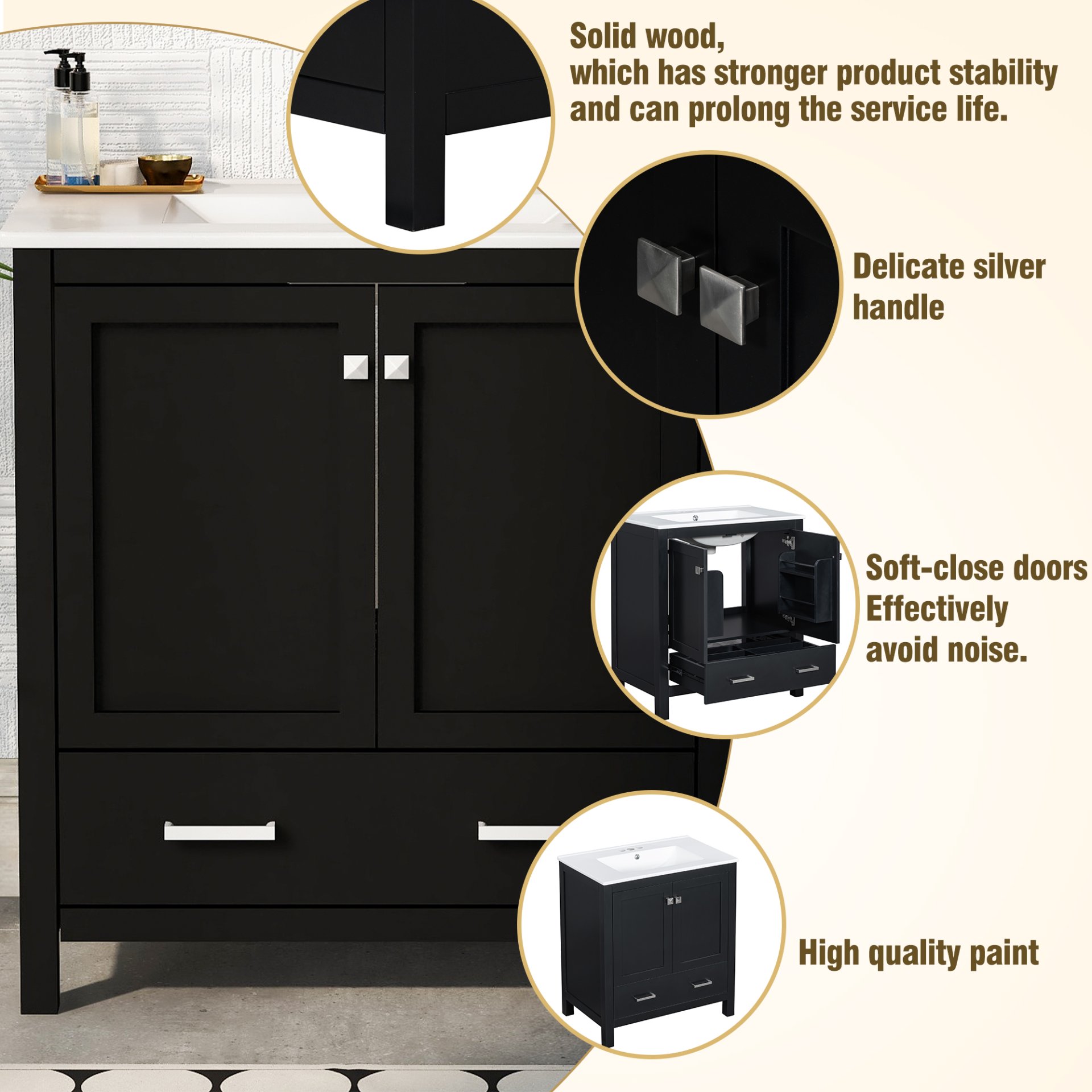 Bathroom Vanity With Single Sink, Combo Cabinet Undermount Sink, Bathroom Storage Cabinet With 2 Doors And A Drawer, Soft Closing, Multifunctional Storage, Solid Wood Frame - Black - Image 6