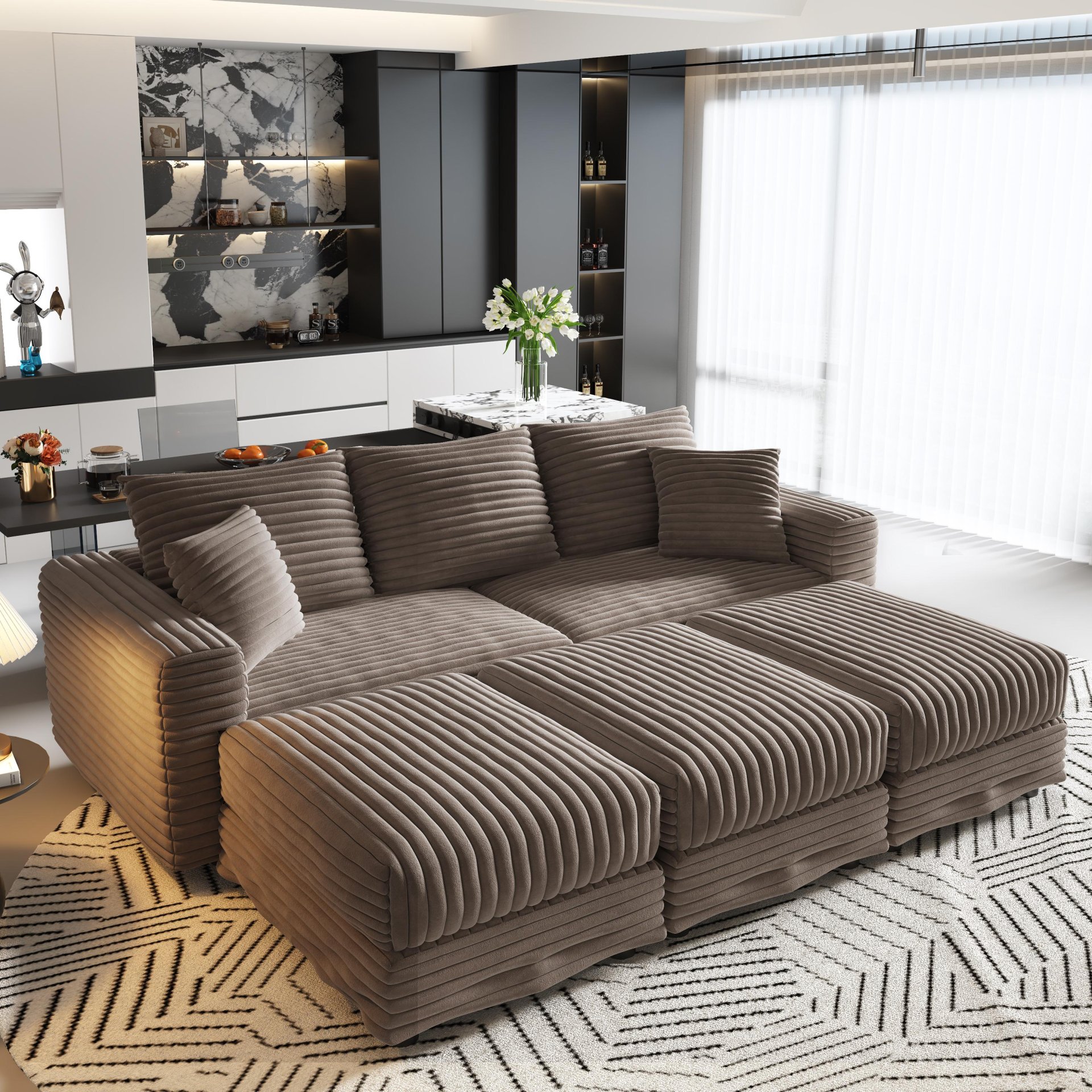 3 Seat Sofa, Deep Seat Couches With Soft Pillows And 3 Ottomans, Convertible Sofa Lounge Chair, For Living Room - Camel - Image 9