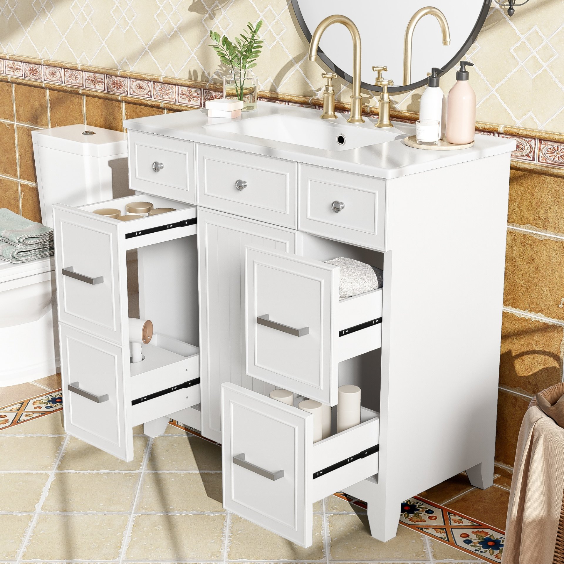36" Bathroom Vanity With Sink, Soft Close Doors, And Adjustable Shelves Solid Frame - White - Image 4