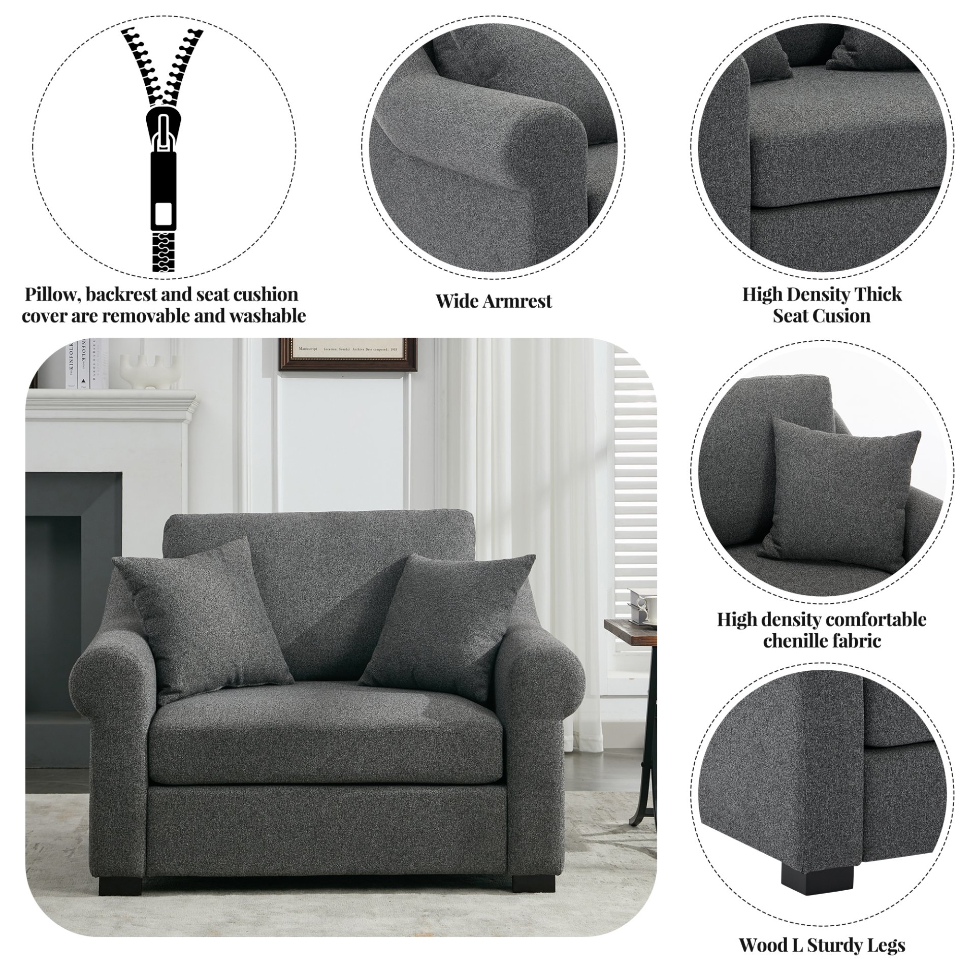 Modern Chenille Oversized Armchair, Chair And A Half, Single Sofa For Bedroom, Living Room, Wide - Gray - Image 5