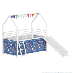 Jack - House Twin Loft Bed With Slide And Curtain Set - White / Blue