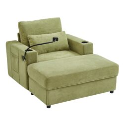Modern Style Armchair Chaise Lounge Sofa Couch With Movable Storage Ottoman, USB Ports, Cup Holders, Phone Holder, Side Pockets - Green