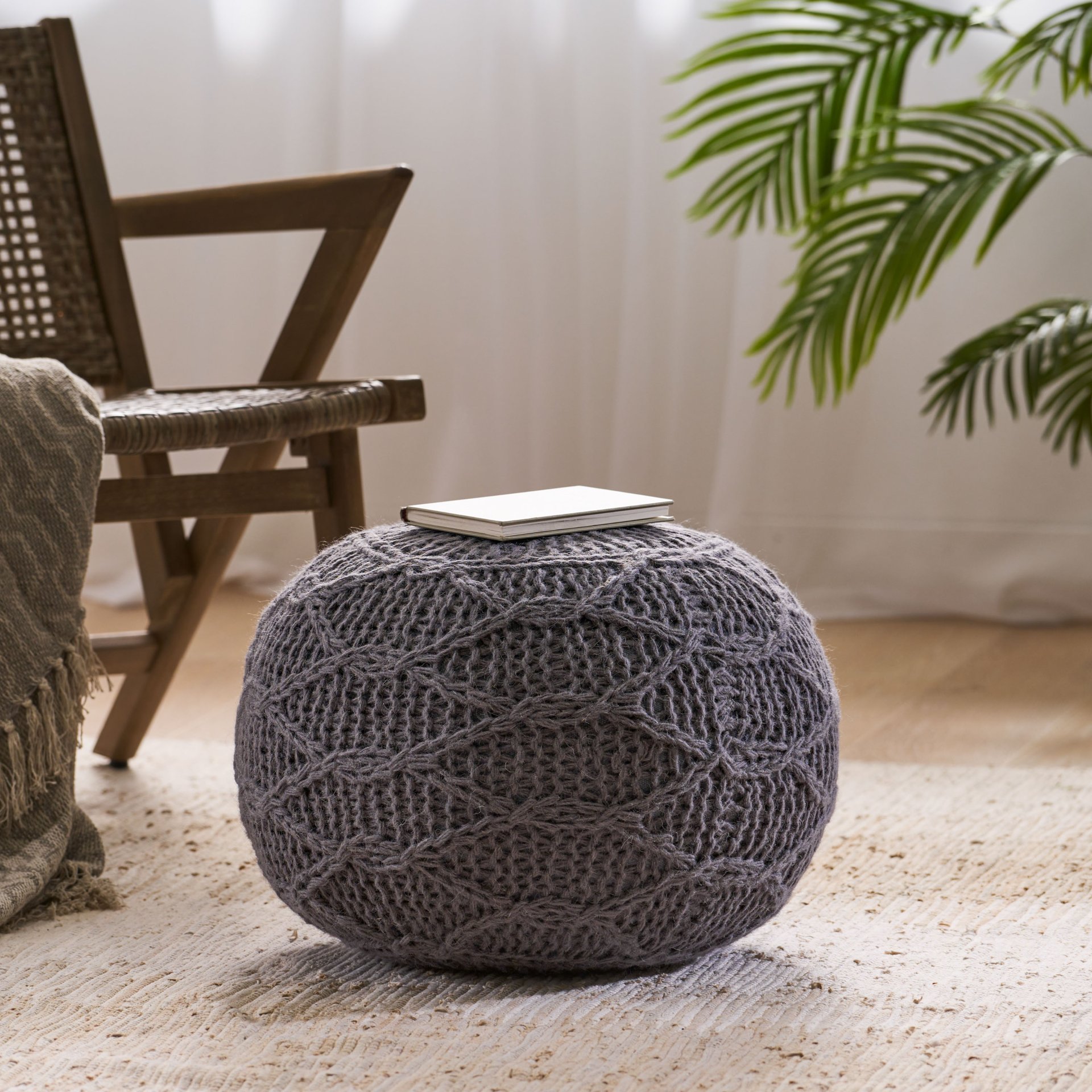 Malibu - Modern Knitted Wool Round Pouf With Handcrafted Design - Charcoal - Image 4