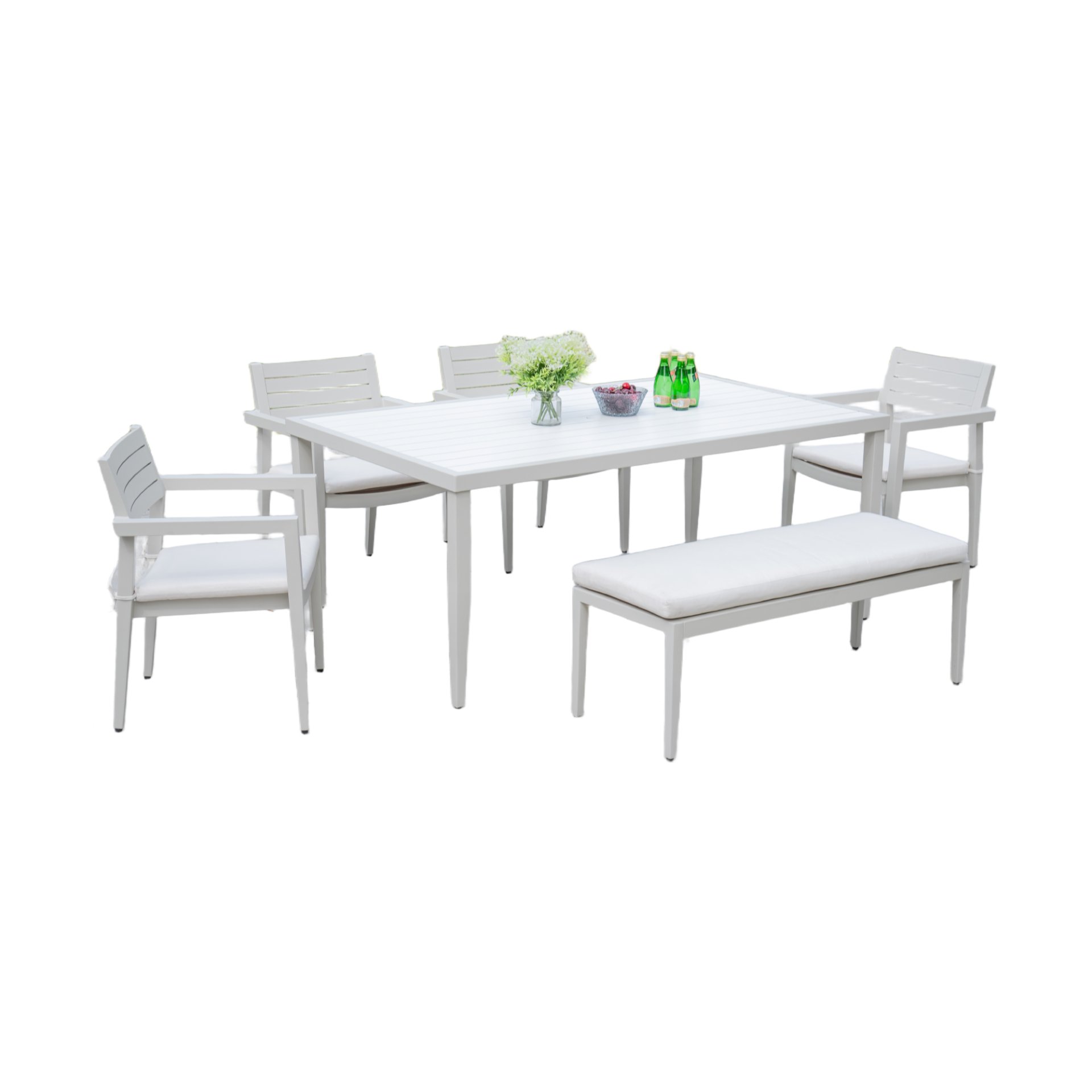 6 Piece Dining Set Modern Outdoor Patio Furniture, 4 Dining Chairs & 1 Dining Bench Sunbrella Fabric And 2 Tone Rectangle Table With Umbrella Hole - Matte White / Grayish - Image 12