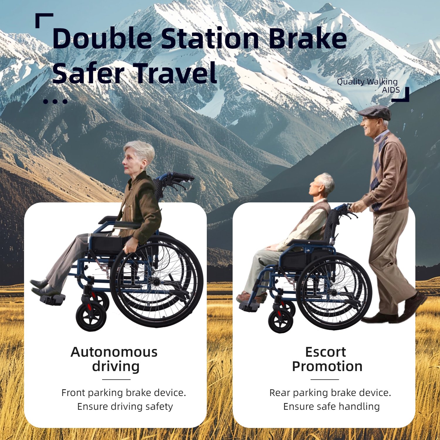 Premium Foldable Transport Wheelchair Frame Double Brakes Adjustable Armrests & Seat Belt Breathable Cushion Anti Backflip 300Lbs Capacity - Black / Blue - Image 5