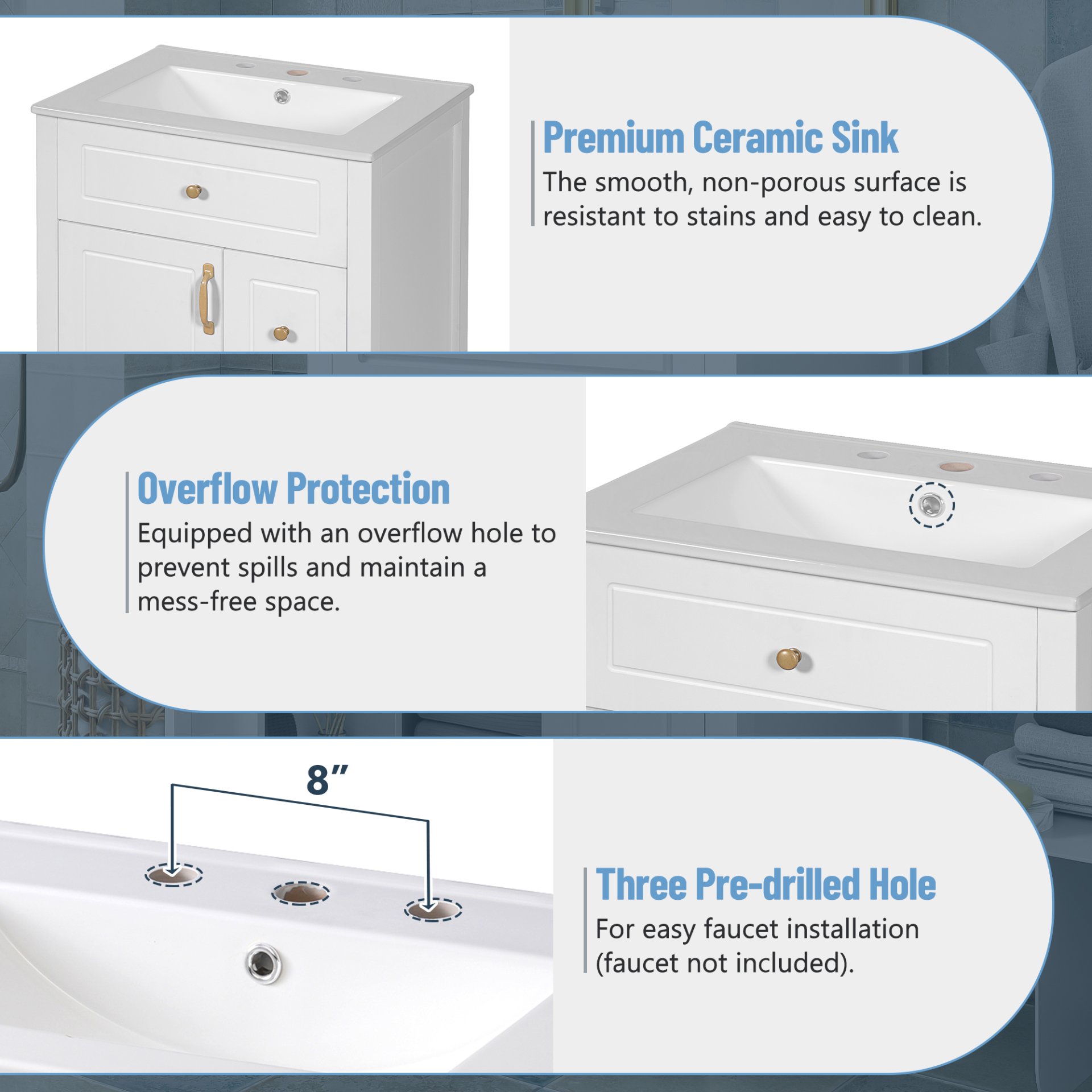 Bathroom Vanity With Sink, Soft Close Doors And Drawers, Double Storage Racks - White - Image 11