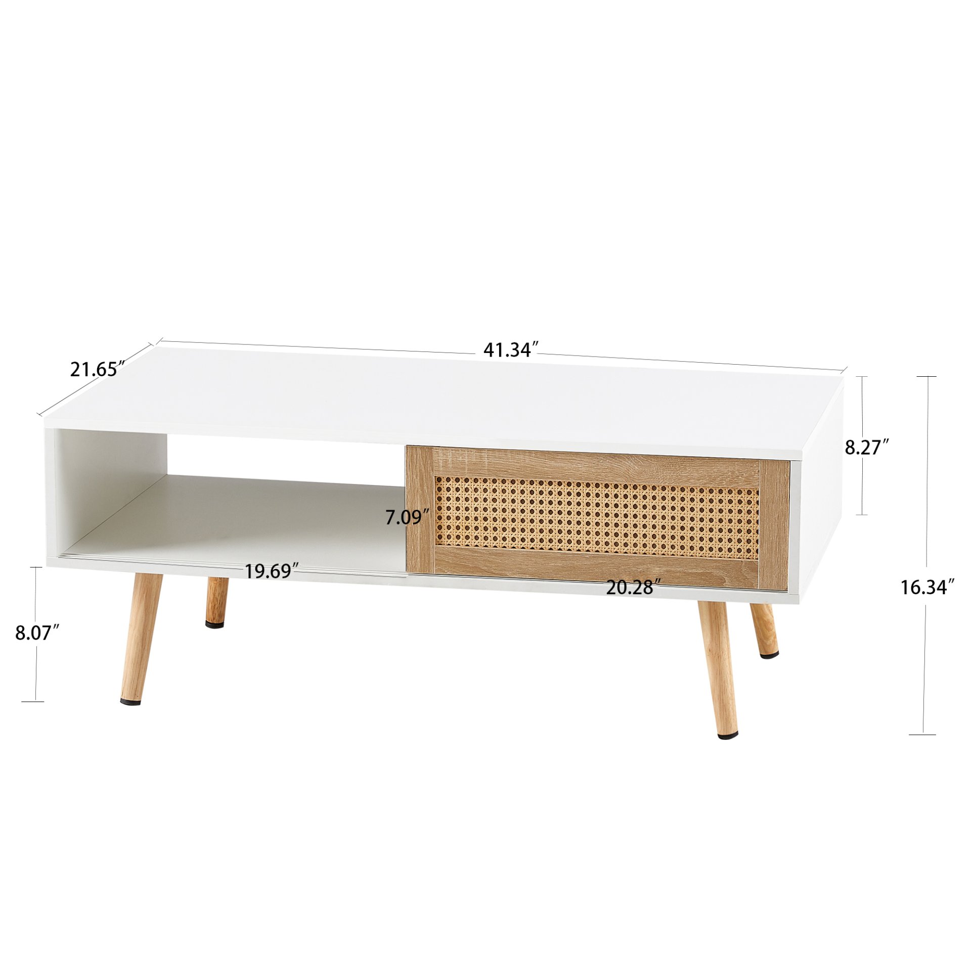 41.34" Rattan Coffee Table, Sliding Door For Storage, Solid Wood Legs, Modern Table For Living Room - White - Image 4
