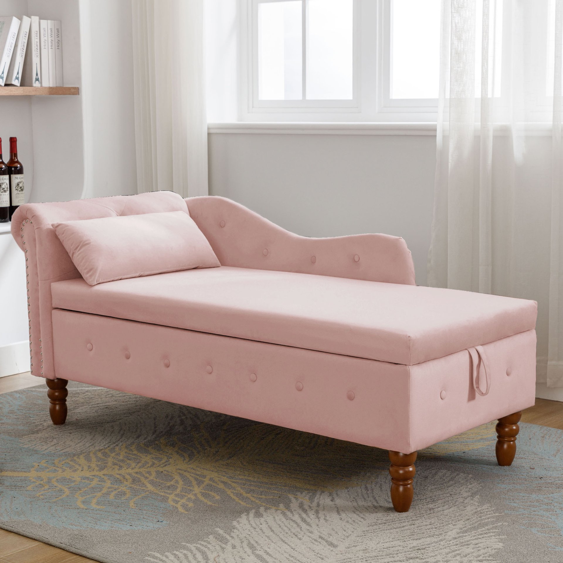 Chaise Lounge Indoor, Velvet Lounge Chair For Bedroom With Storage & Pillow, Modern Upholstered Rolled Arm Chase Lounge For Sleeping With Nailhead Trim For Living Room Bedroom Office - Pink - Image 5