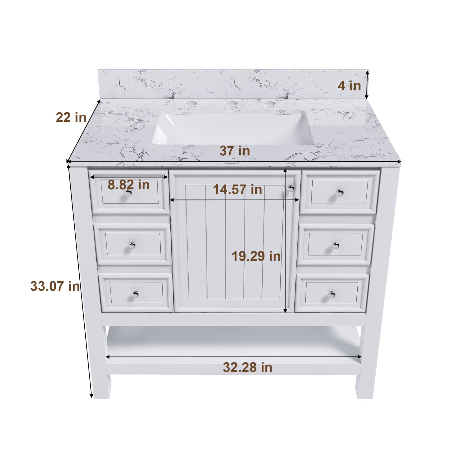 37" Bathroom Vanity With Artificial Marble Carrara Top, Multi Functional Cabinet With Doors And Drawer - White - Image 3
