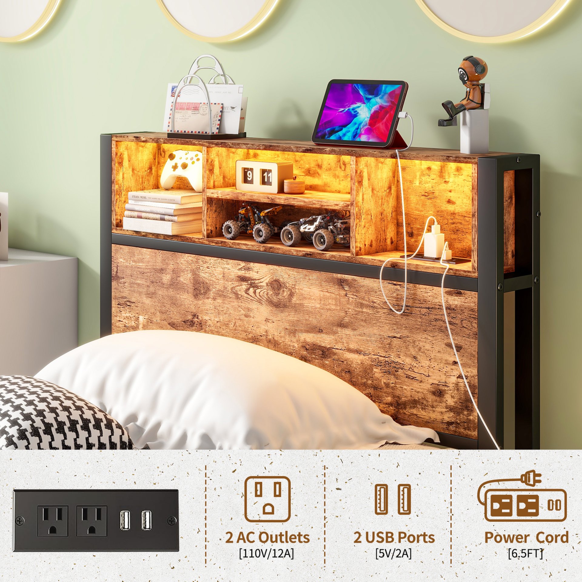 Modern Twin Size Metal Platform Bed Frame With Storage Headboard And Charging Station - Brown - Image 7