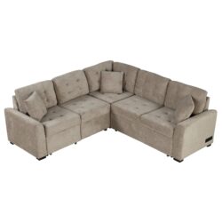 L-Shape Sofa Bed Pull-Out Sleeper Sofa With Wheels, USB Ports, Power Sockets For Living Room - Khaki