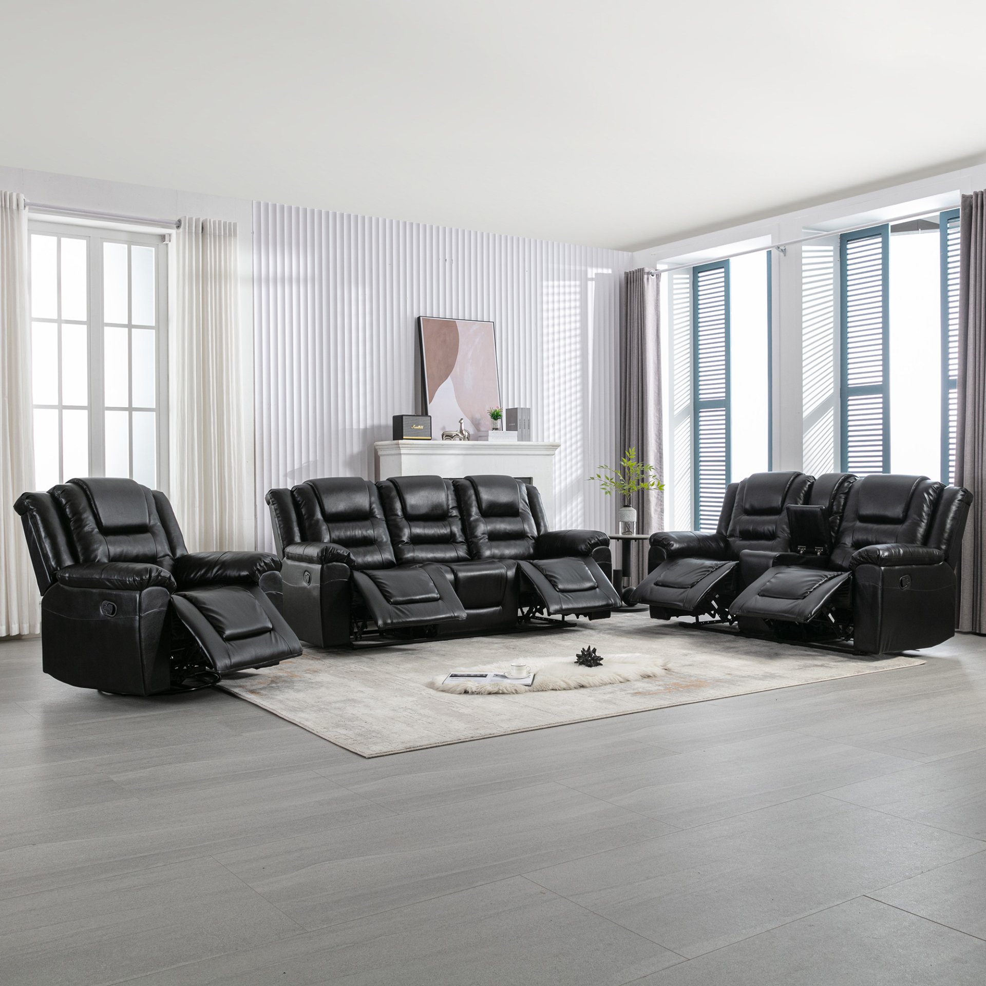 Home Theater Recliner Set Manual Recliner Chair With Wide Armrest, Two Built-In Cup Holders For Living Room - Black - Image 4