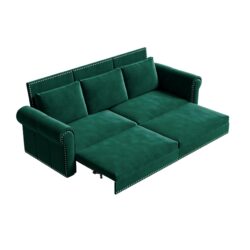 King Pull Out Sofa Bed, 3 In 1 Velvet Convertible Sleeper Sofa With Nailhead Trim & Rolled Arm, Multi Functional Sofa Bed For Living Room, Bedroom, Apartment, Office - Green