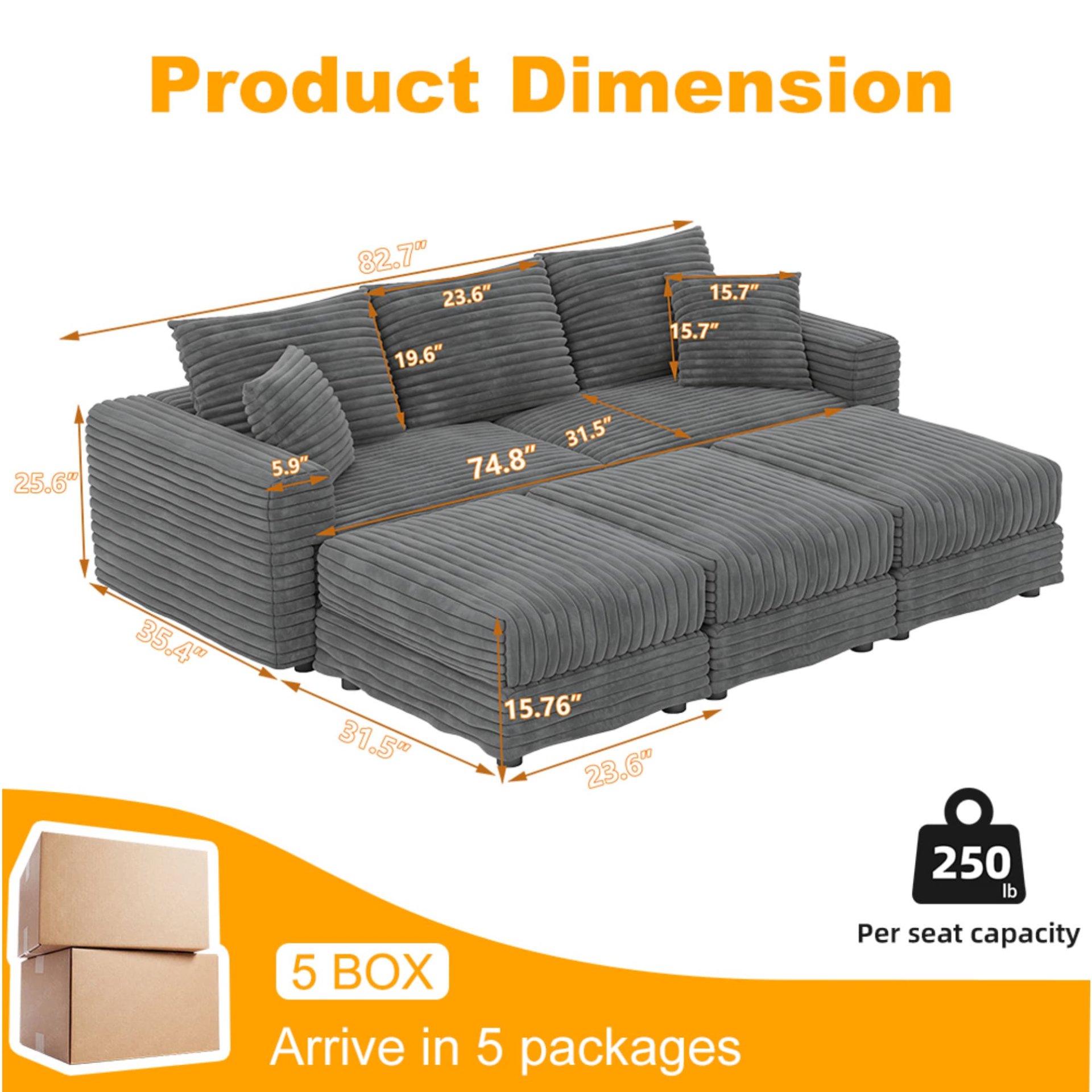 3 Seat Sofa, Deep Seat Couches With Soft Pillows And 3 Ottomans, Convertible Sofa Lounge Chair, For Living Room - Gray - Image 11