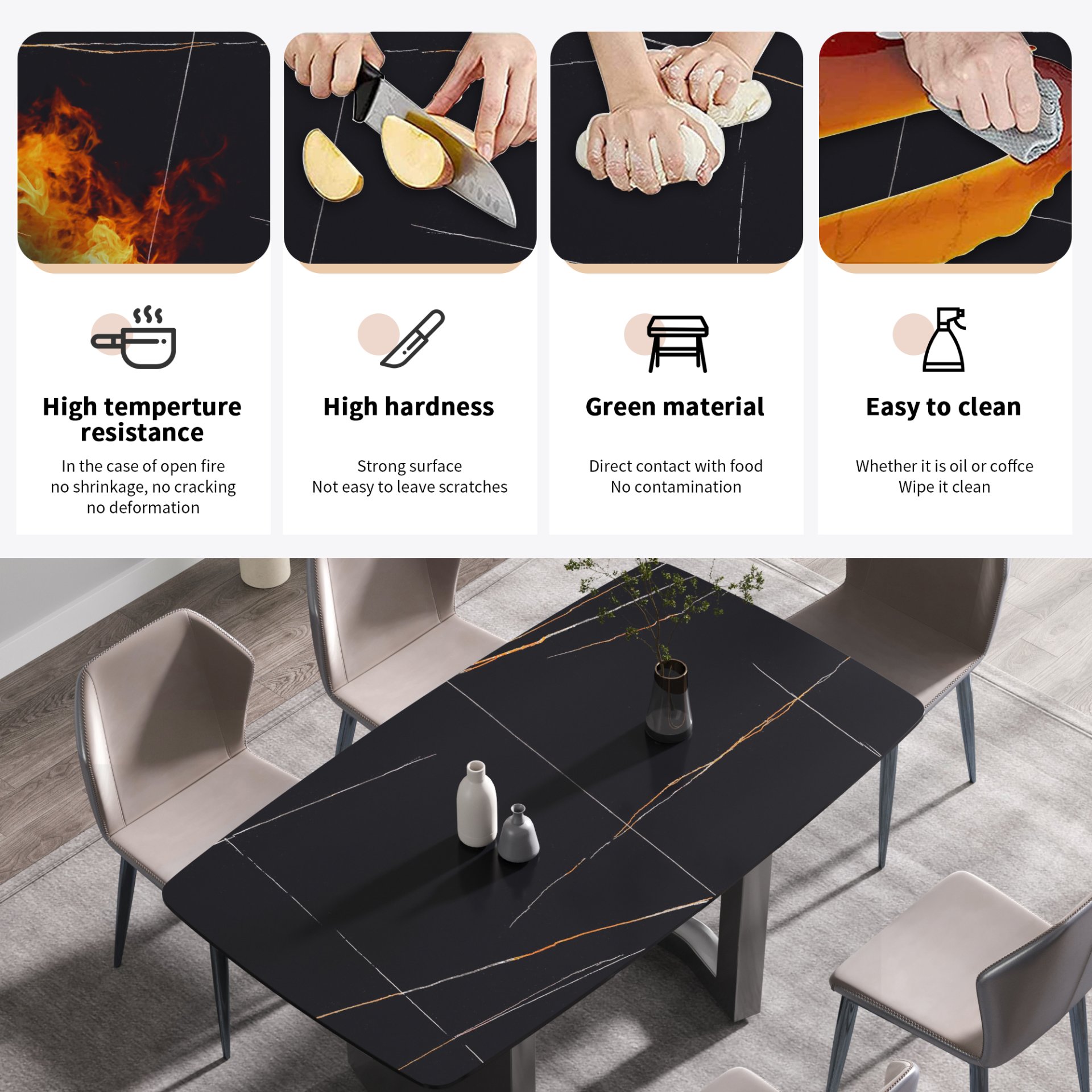 63" Modern Artificial Stone Black Curved Black Metal Leg Dining Table, 6 People - Black - Image 12
