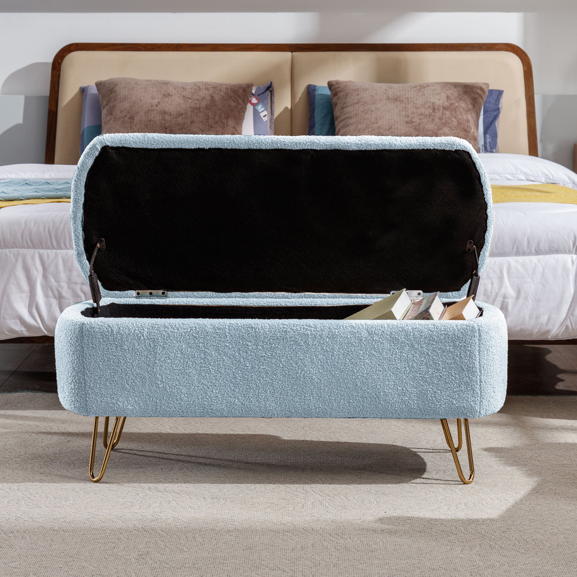 Storage Ottoman Bench For End Of Bed Gold Legs, Modern Gray Faux Fur Entryway Bench Upholstered Padded With Storage For Living Room Bedroom - Blue - Image 7