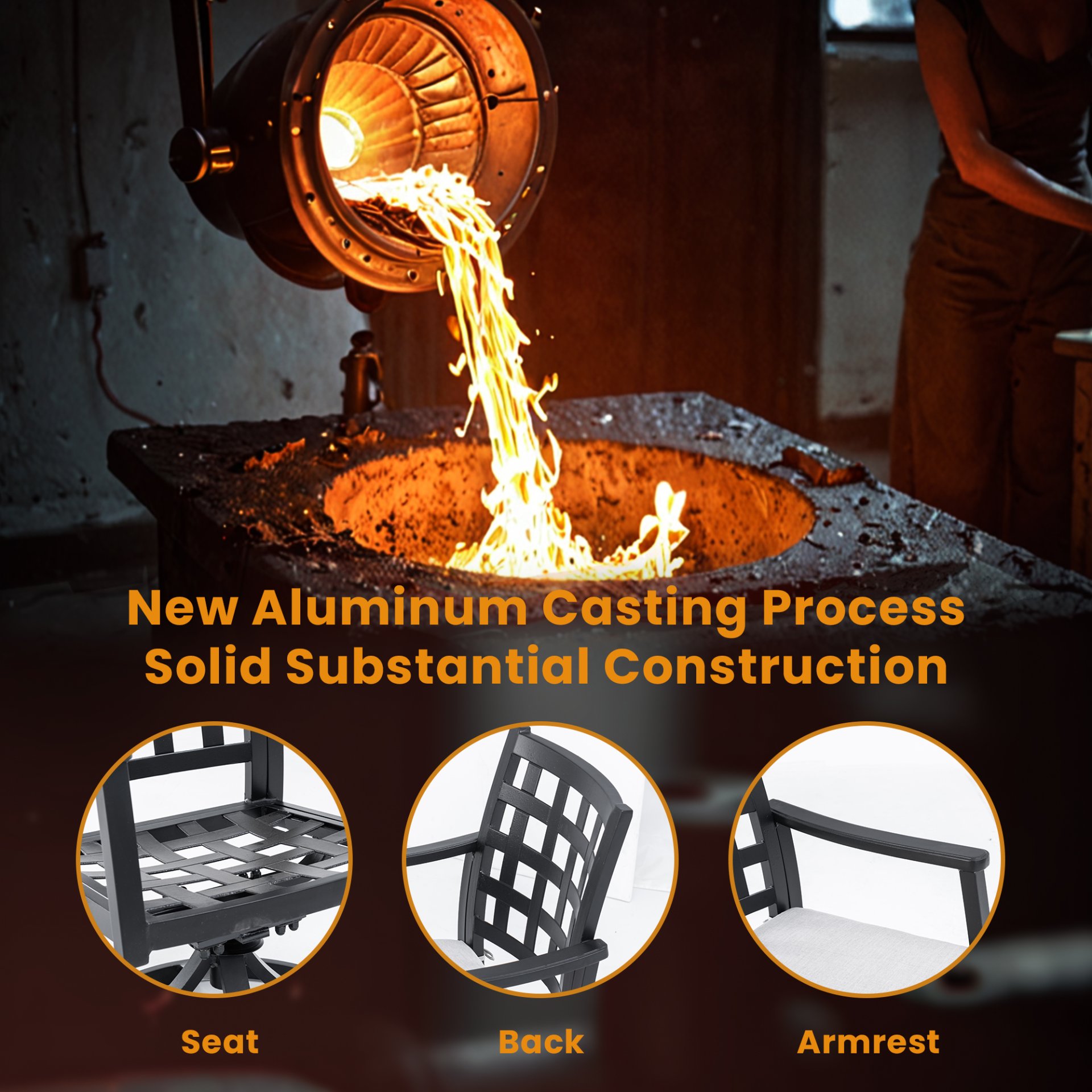 5 Pieces Outdoor Patio Dining Set, Rectangular Table & 4 Swivel Rock Dining Chairs With Sunbrella Cushion - Ember Black - Image 9