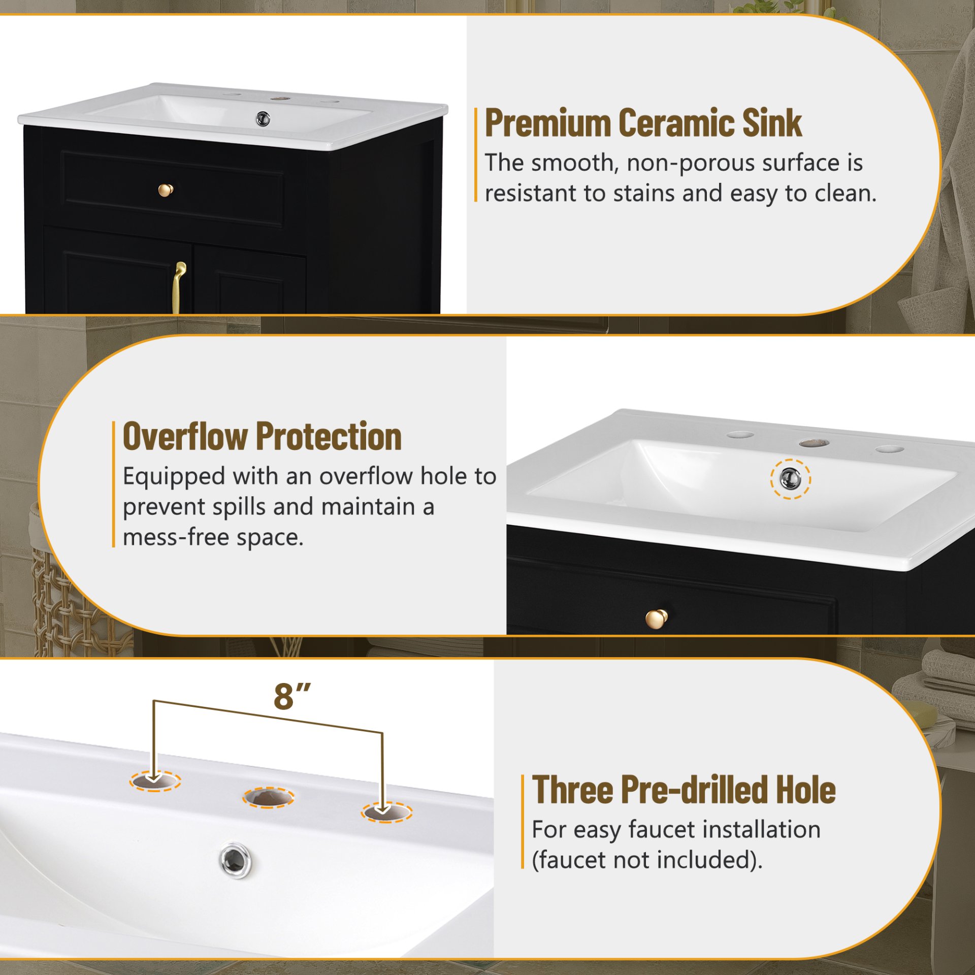 Bathroom Vanity With Sink, Soft Close Storage - Black - Image 9