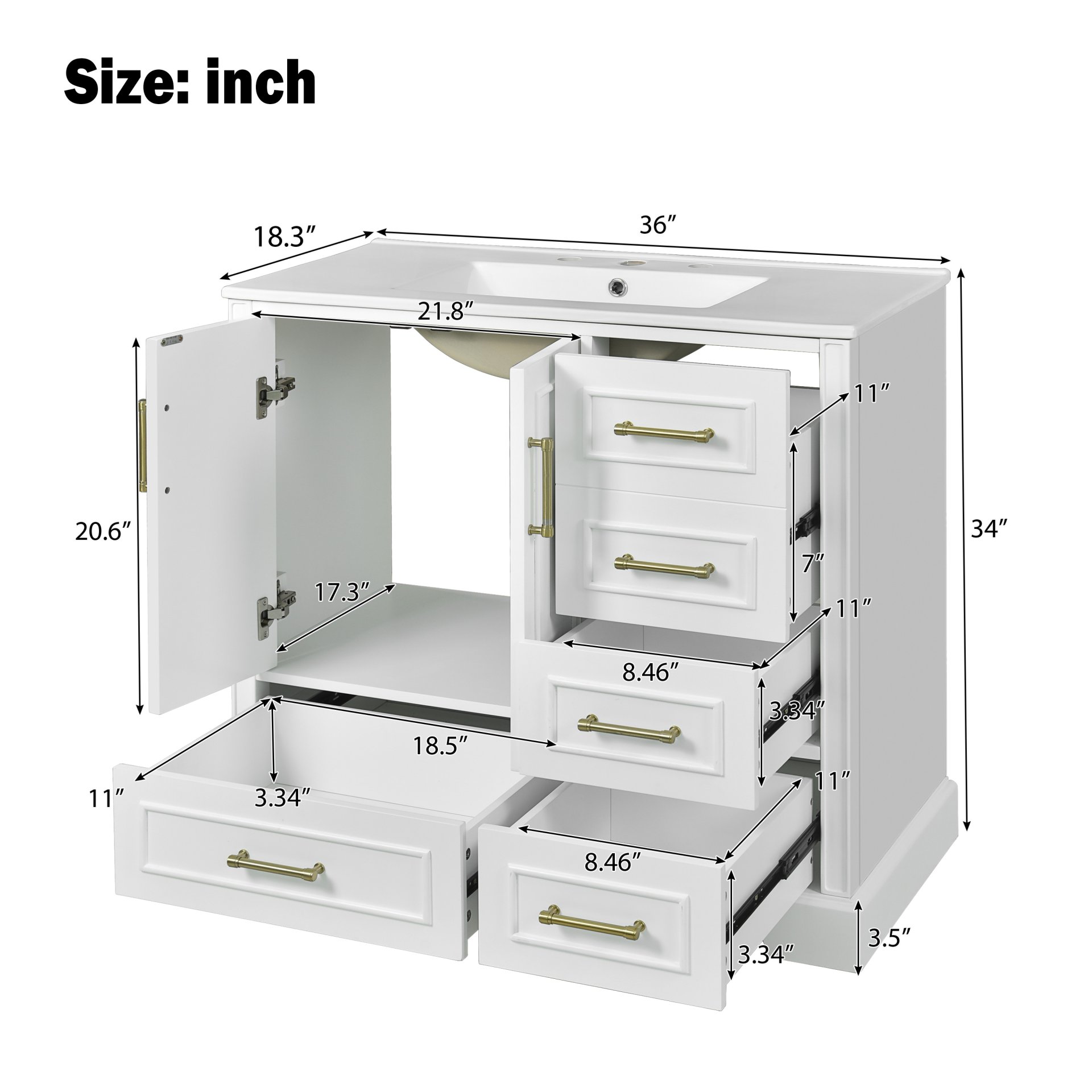 Traditional 36" Bathroom Vanity Cabinet With Sink, With Soft Close Doors And Four Drawers - White - Image 4